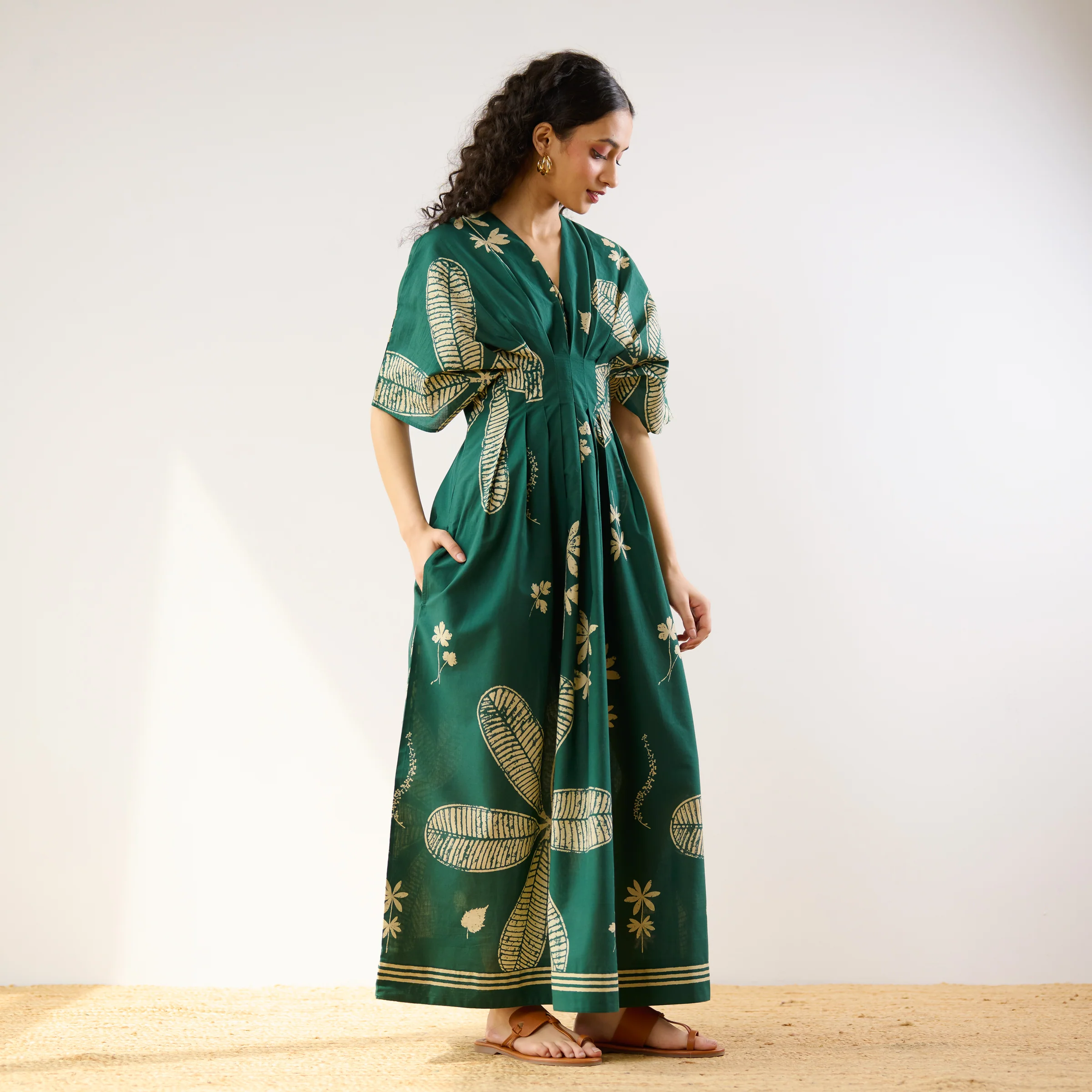 Periwinkle Pleated Cotton Maxi Dress - Emerald Green - Image 4