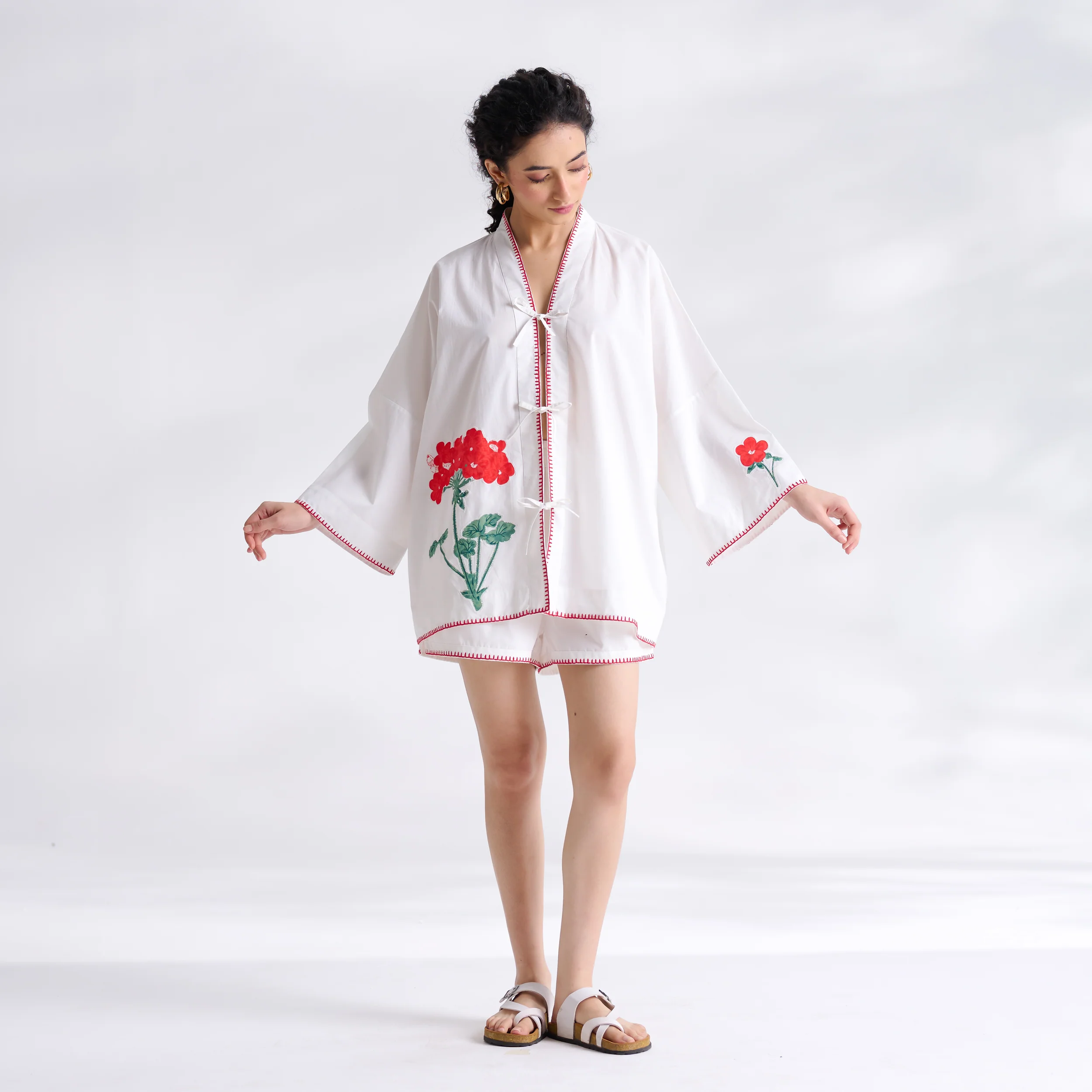 Petals on Cloud Embroidered Co-ord Set - Coral
