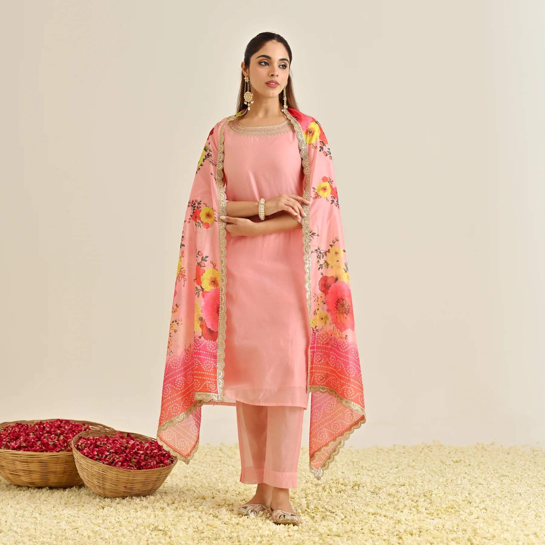 Pink Festive Embroidered Kurta Set with Printed Dupatta & Round Yoke Detail - Image 3