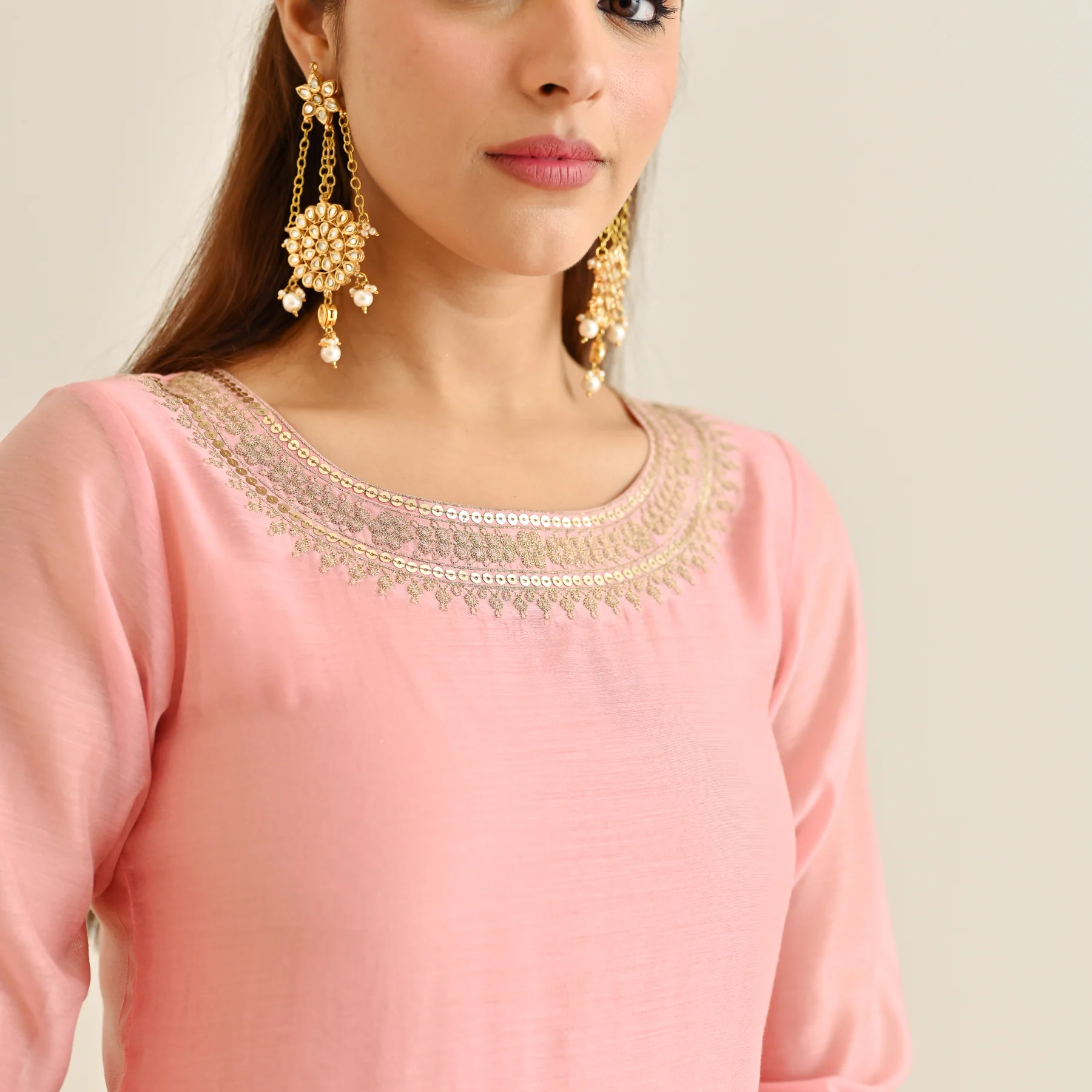 Pink Festive Embroidered Kurta Set with Printed Dupatta & Round Yoke Detail - Image 4