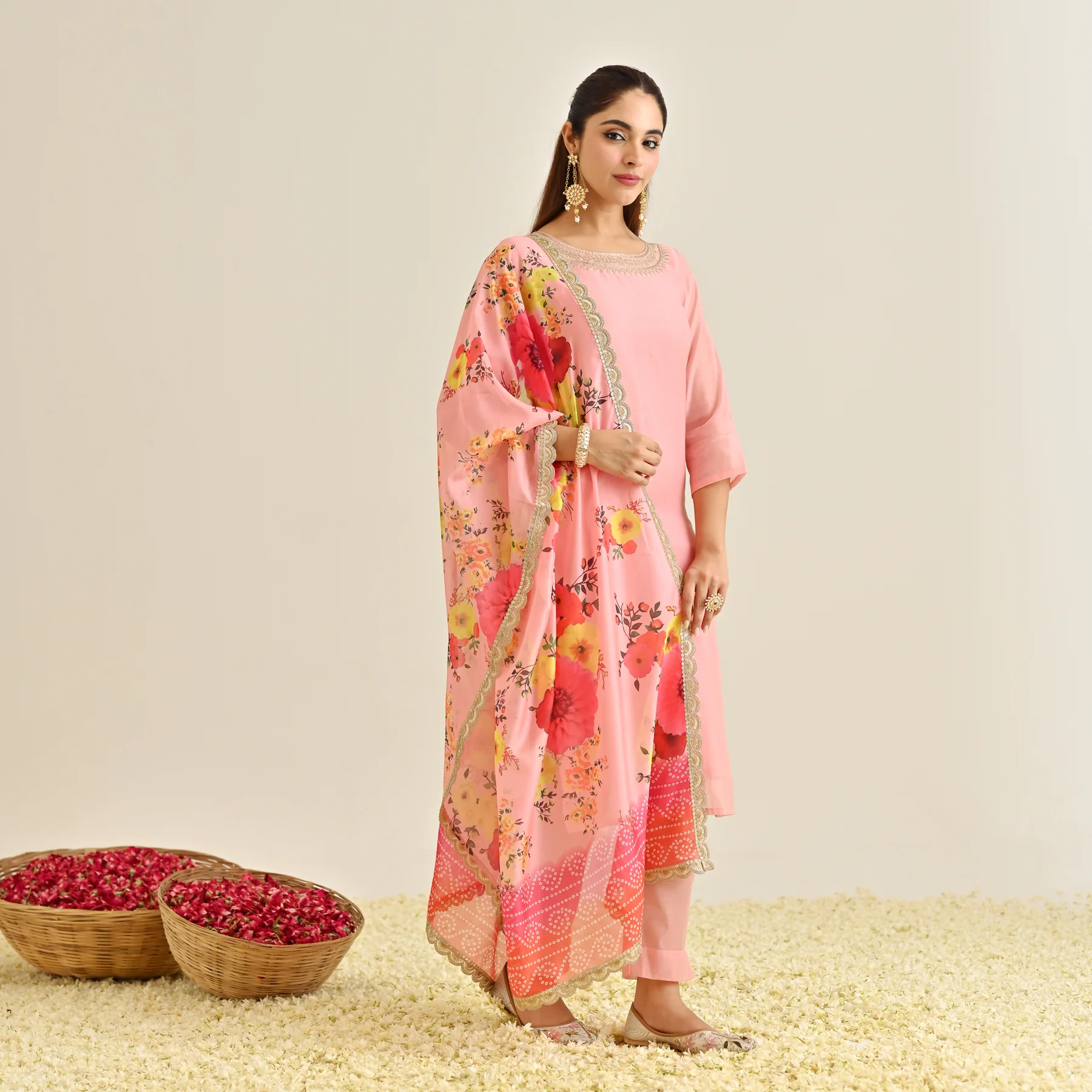 Pink Festive Embroidered Kurta Set with Printed Dupatta & Round Yoke Detail - Image 5