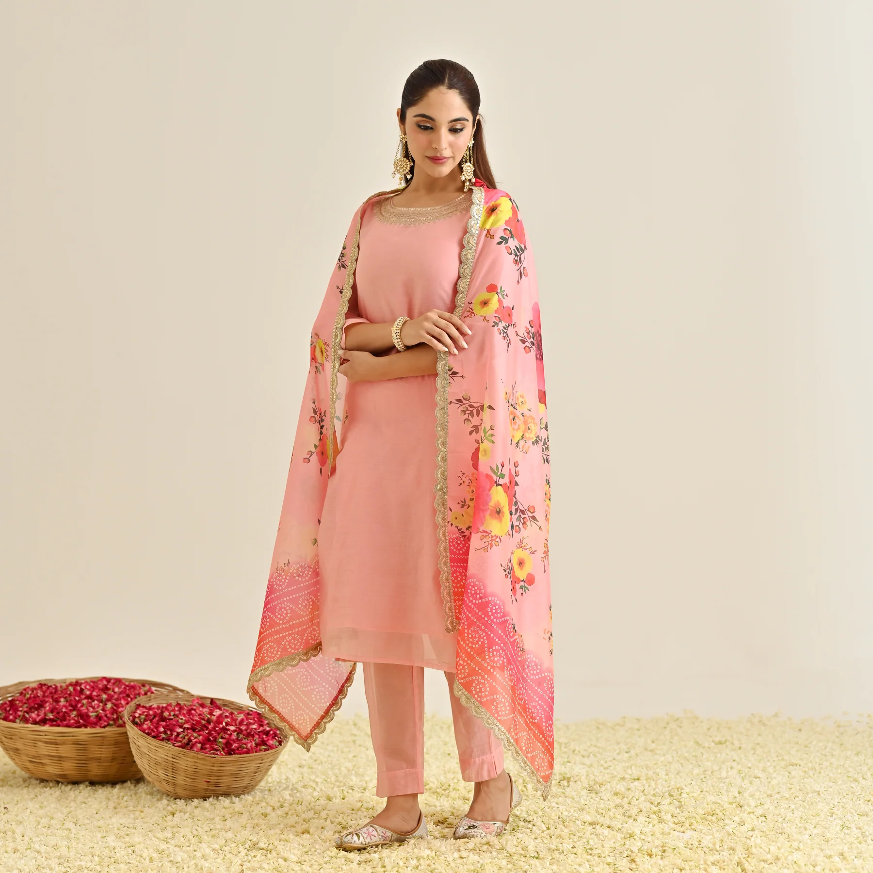 Pink Festive Embroidered Kurta Set with Printed Dupatta & Round Yoke Detail - Image 6
