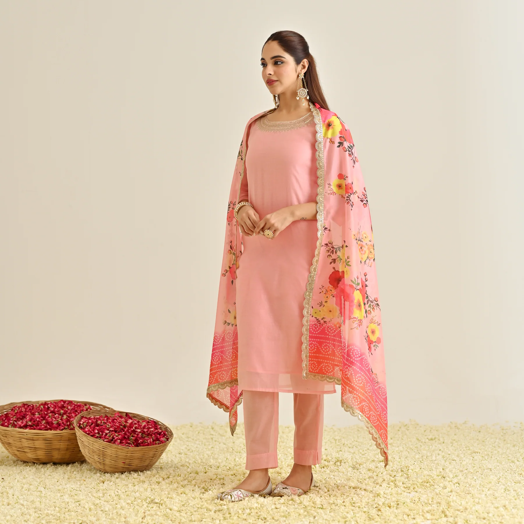Pink Festive Embroidered Kurta Set with Printed Dupatta & Round Yoke Detail - Image 7