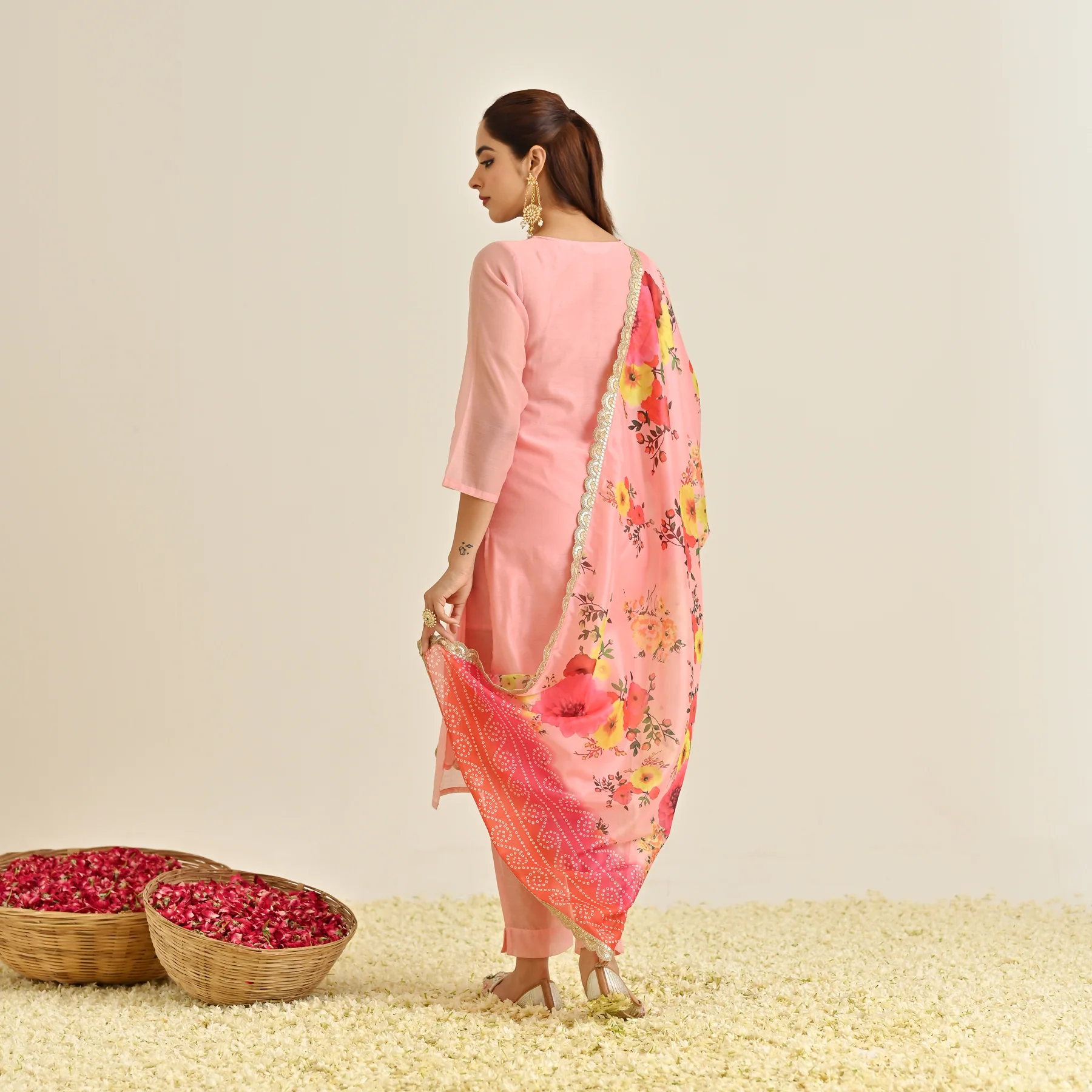 Pink Festive Embroidered Kurta Set with Printed Dupatta & Round Yoke Detail - Image 8