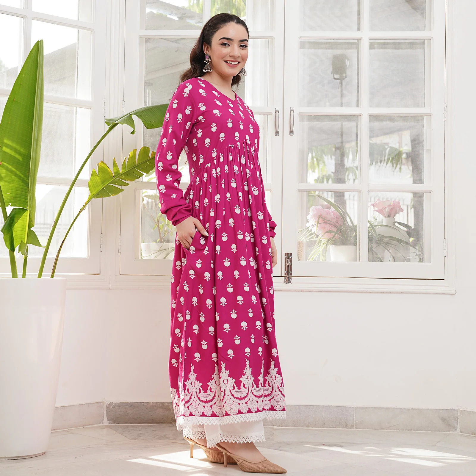 Pink Front Gathered Kurta Pant Co-ord Set - Image 4