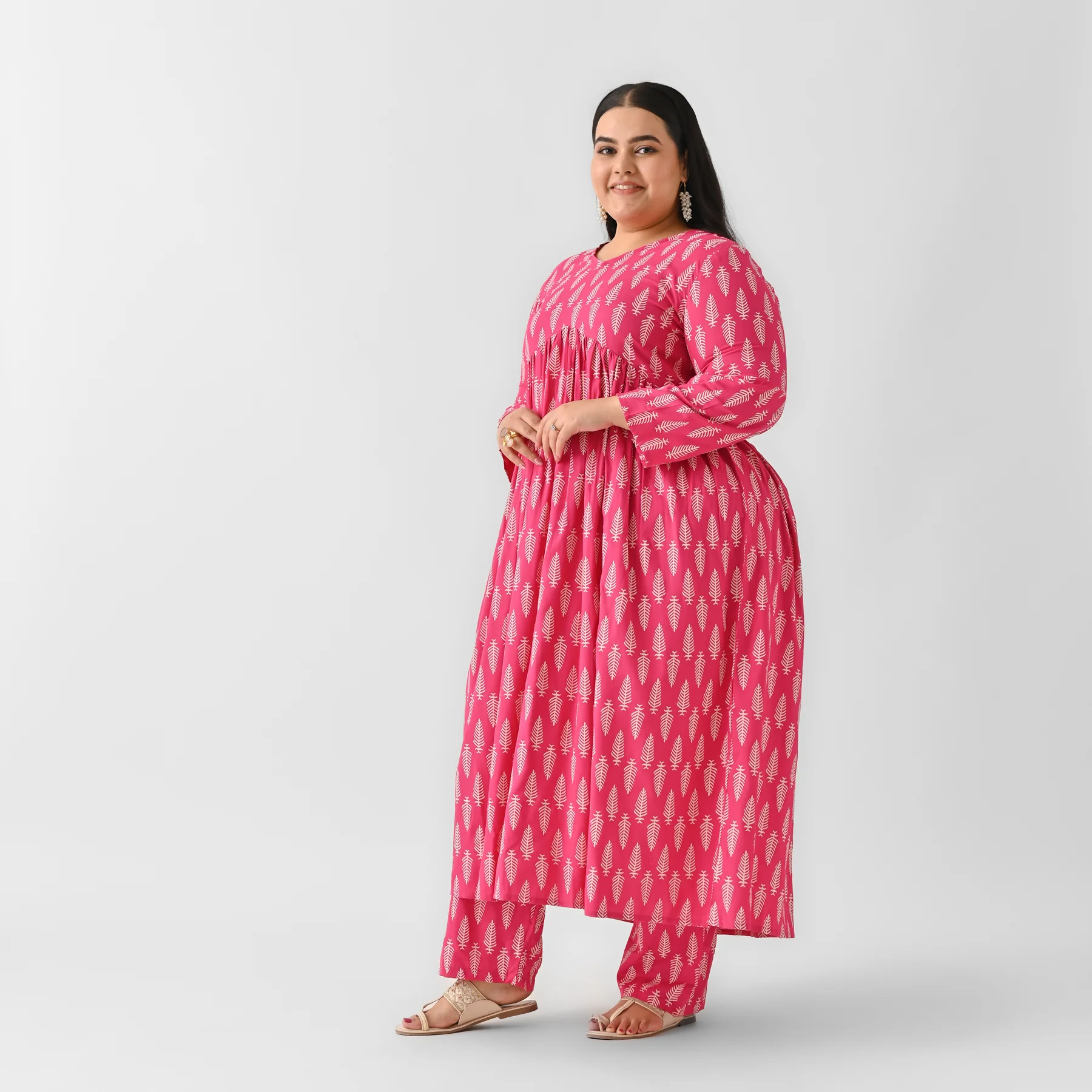 Pink Front Gathered Leaf Print Kurta Pant Set - SOM - Image 6