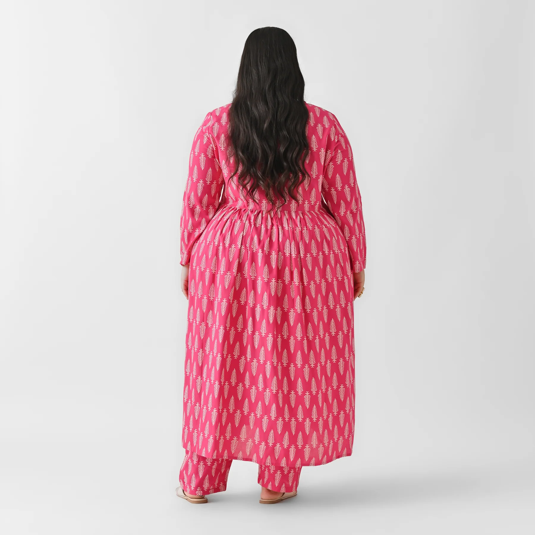 Pink Front Gathered Leaf Print Kurta Pant Set - SOM - Image 7