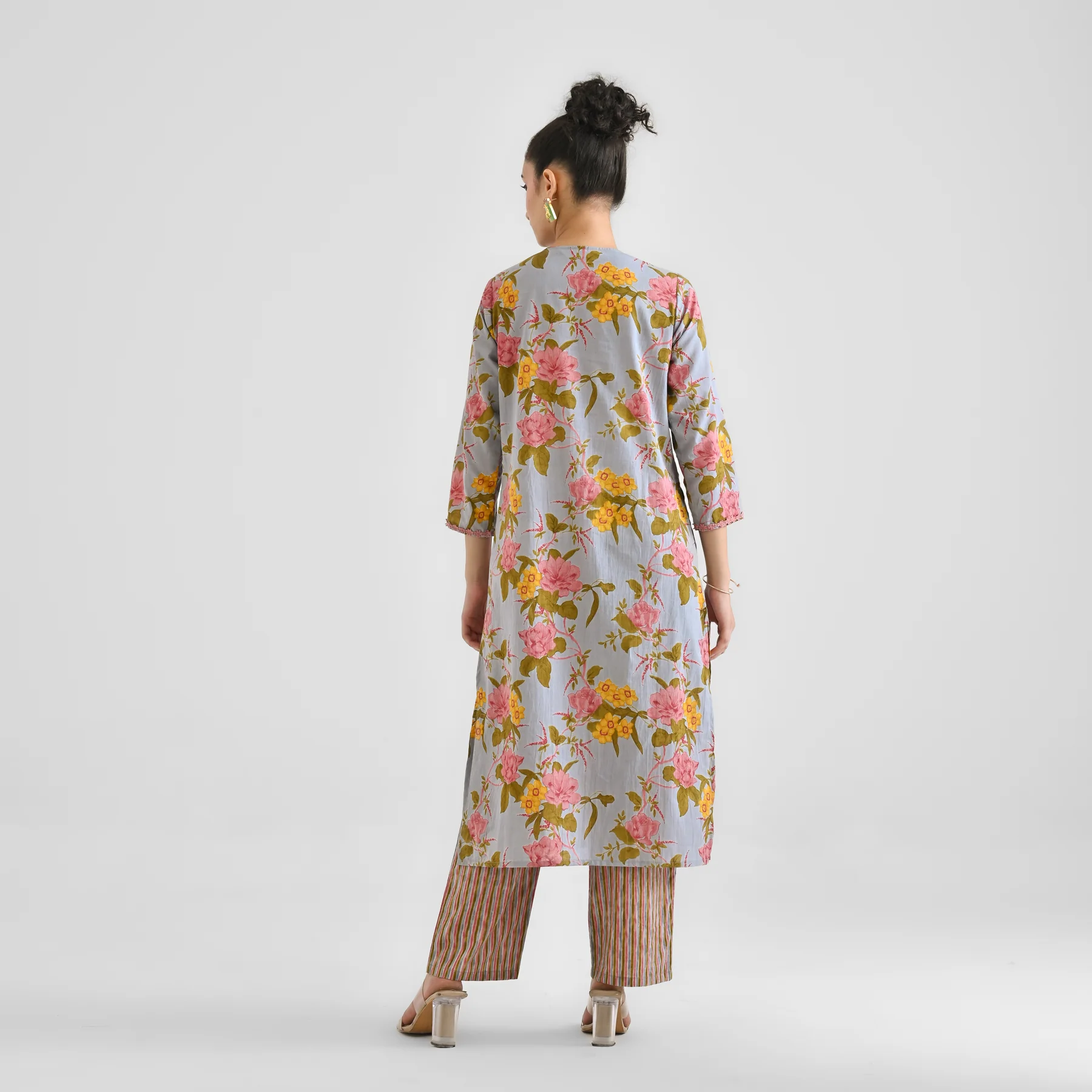 Powder Blue Floral Sanganeri Inspired Cotton Kurta with Lace Detail - Image 10