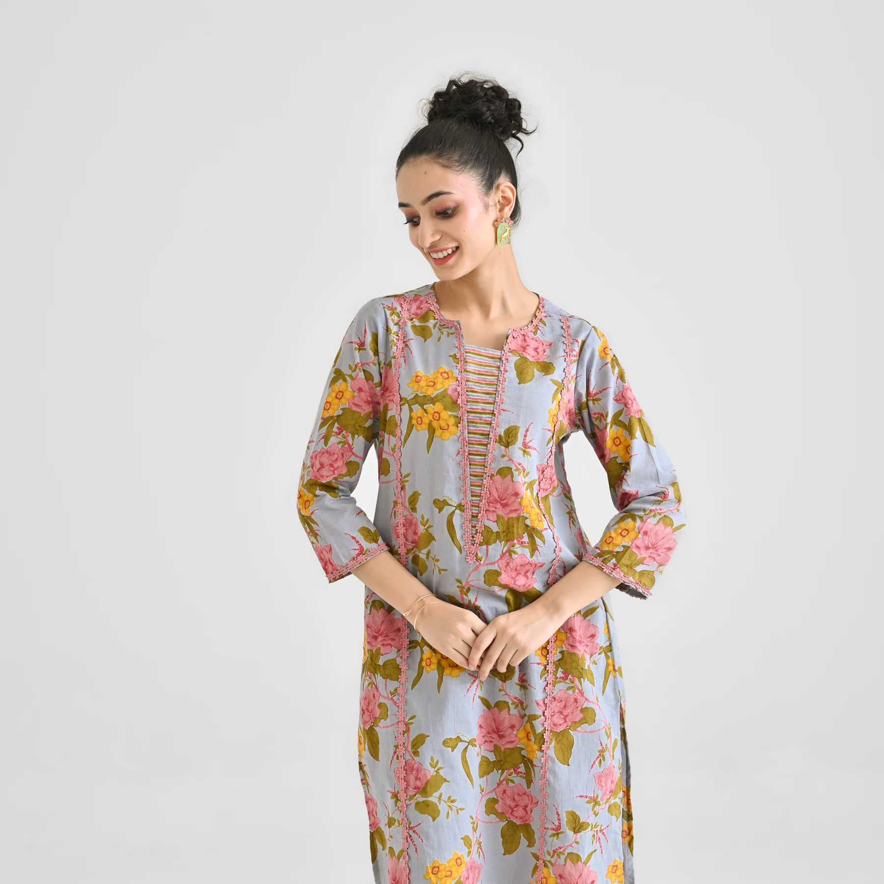 Powder Blue Floral Sanganeri Inspired Cotton Kurta with Lace Detail - Image 3