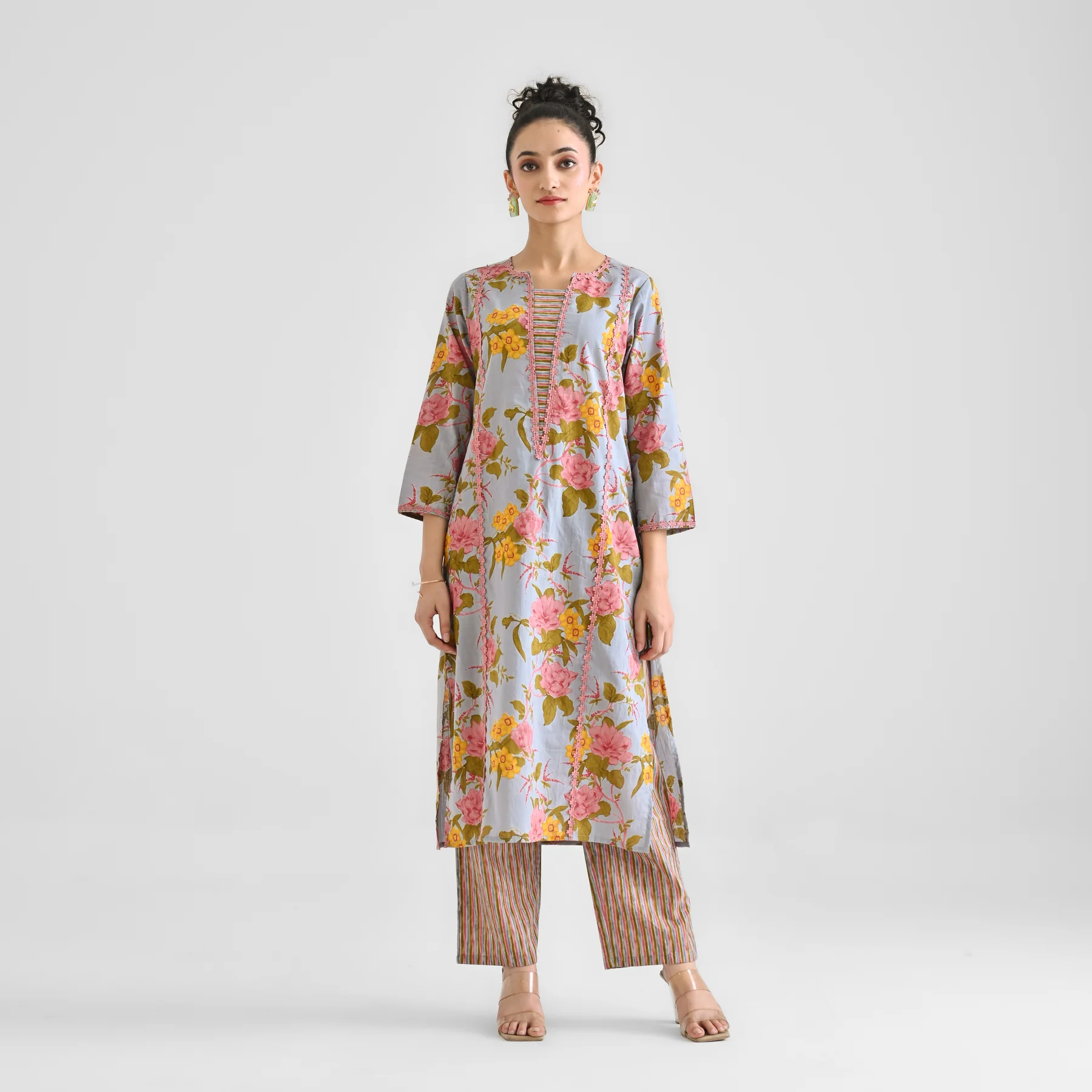 Powder Blue Floral Sanganeri Inspired Cotton Kurta with Lace Detail - Image 4