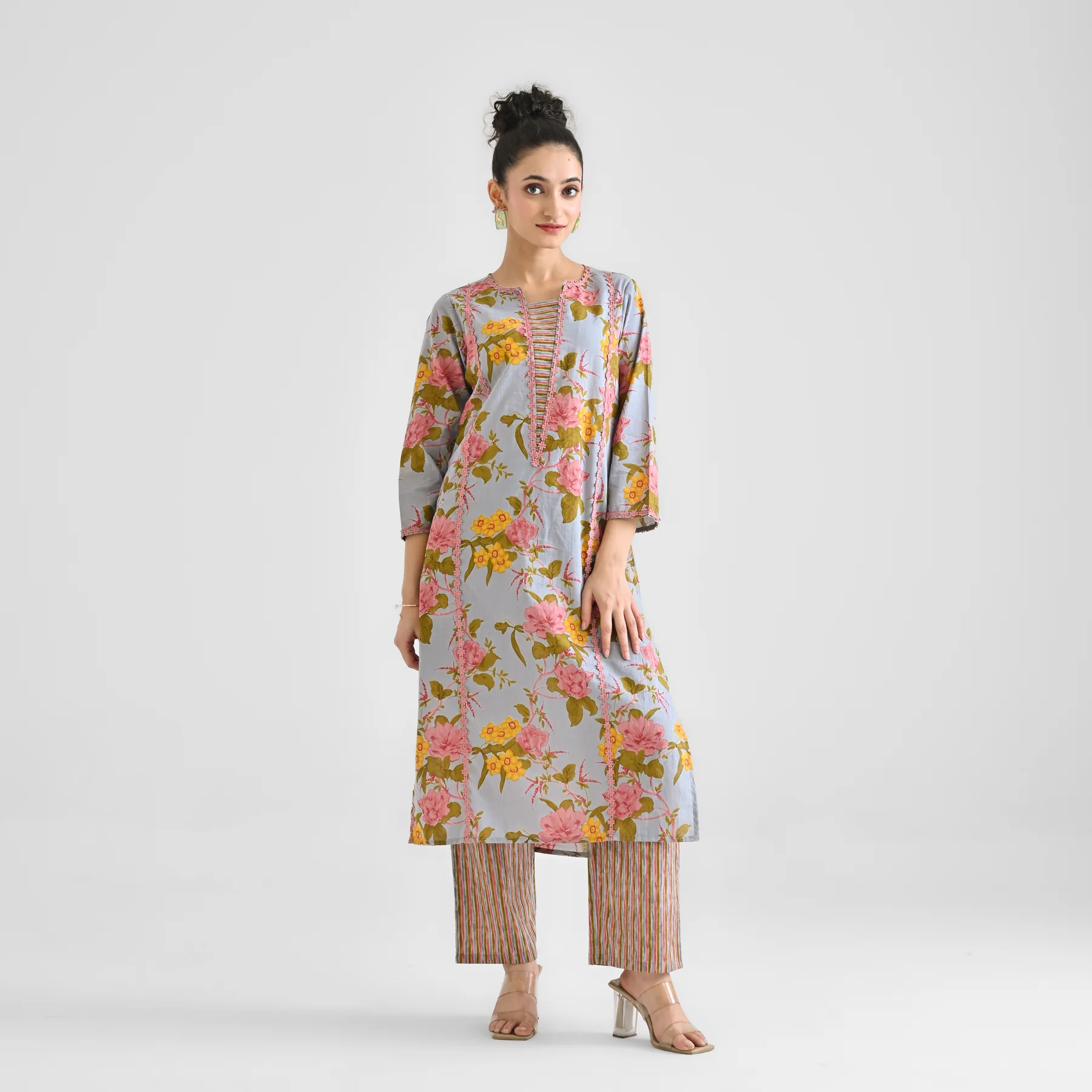 Powder Blue Floral Sanganeri Inspired Cotton Kurta with Lace Detail - Image 5