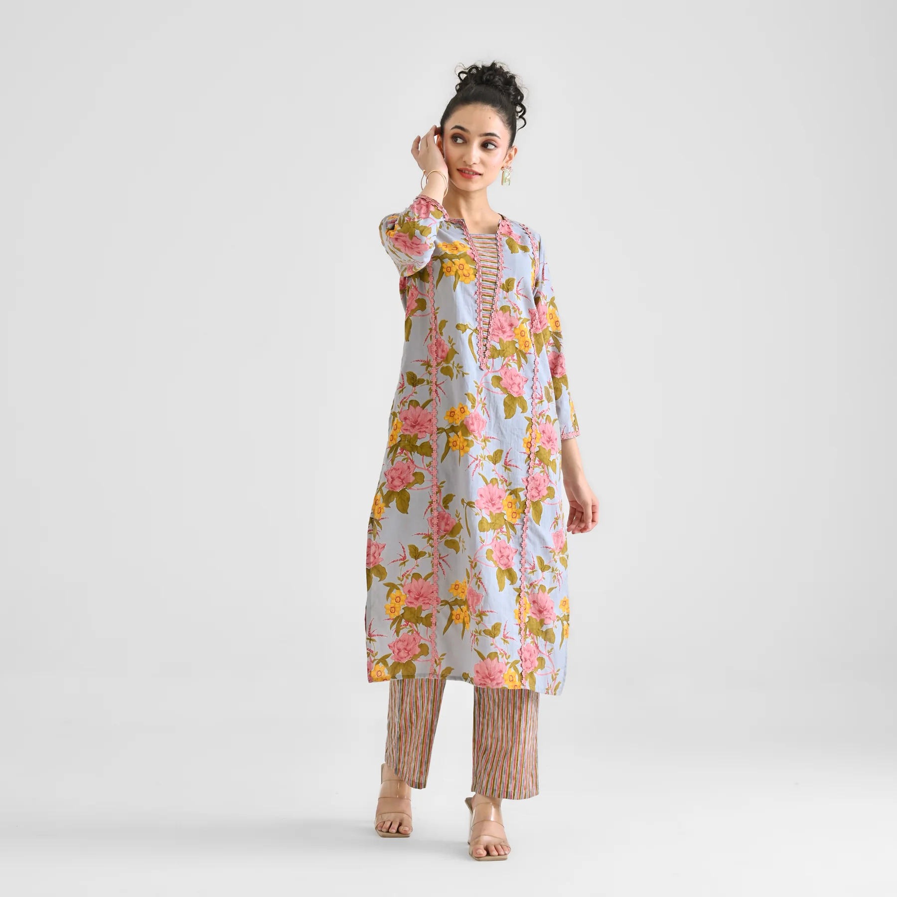 Powder Blue Floral Sanganeri Inspired Cotton Kurta with Lace Detail - Image 6