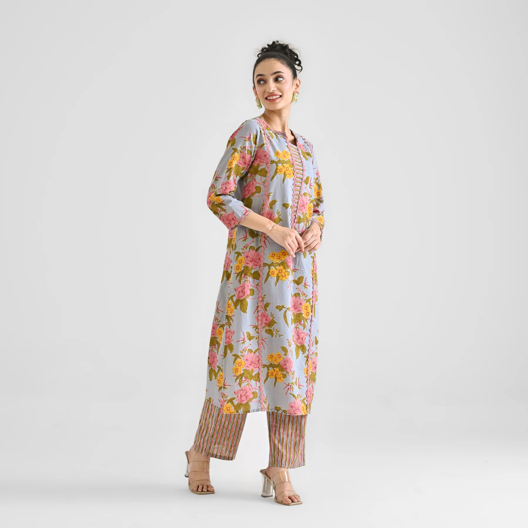 Powder Blue Floral Sanganeri Inspired Cotton Kurta with Lace Detail - Image 7