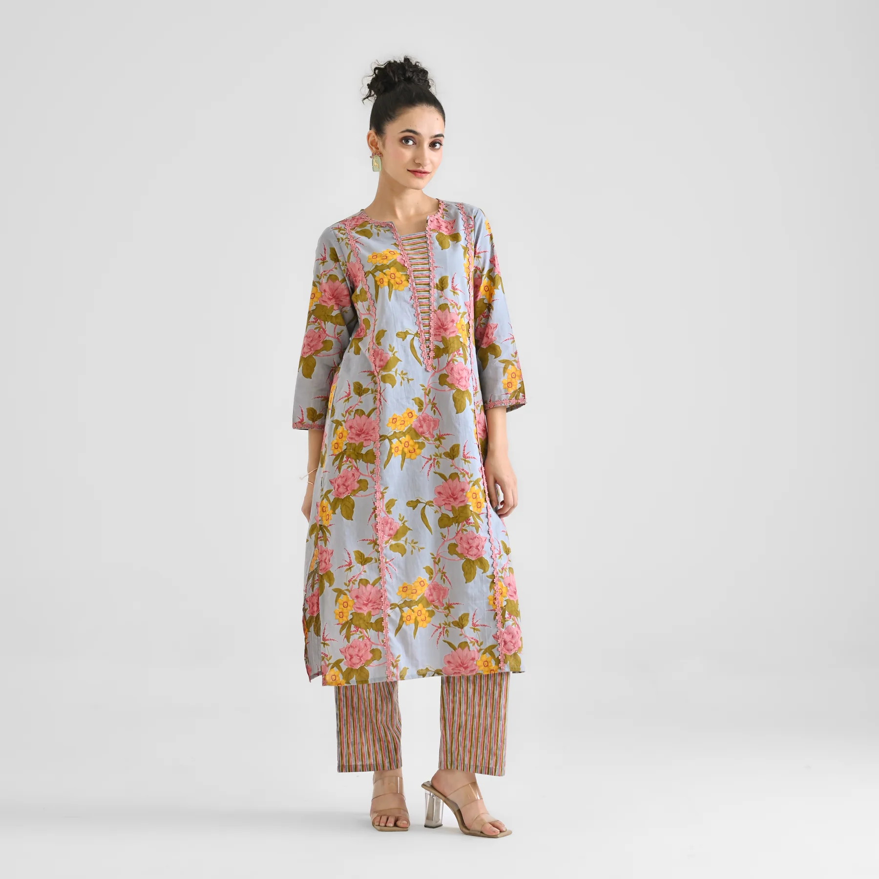 Powder Blue Floral Sanganeri Inspired Cotton Kurta with Lace Detail - Image 8