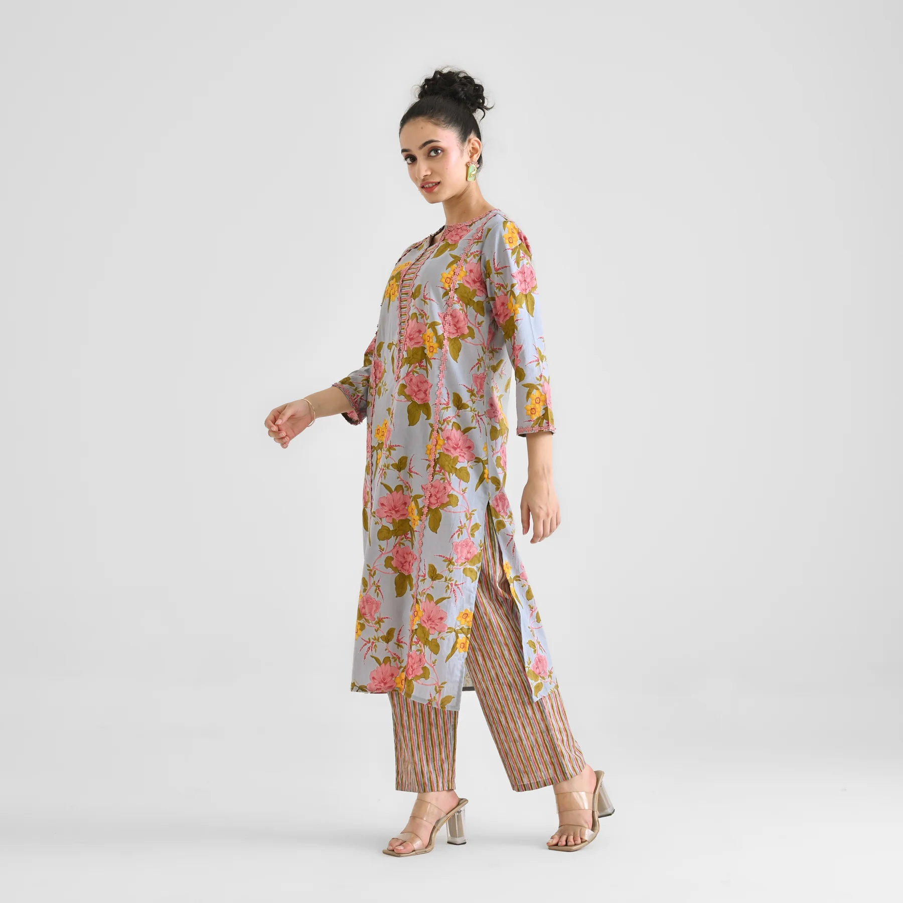 Powder Blue Floral Sanganeri Inspired Cotton Kurta with Lace Detail - Image 9