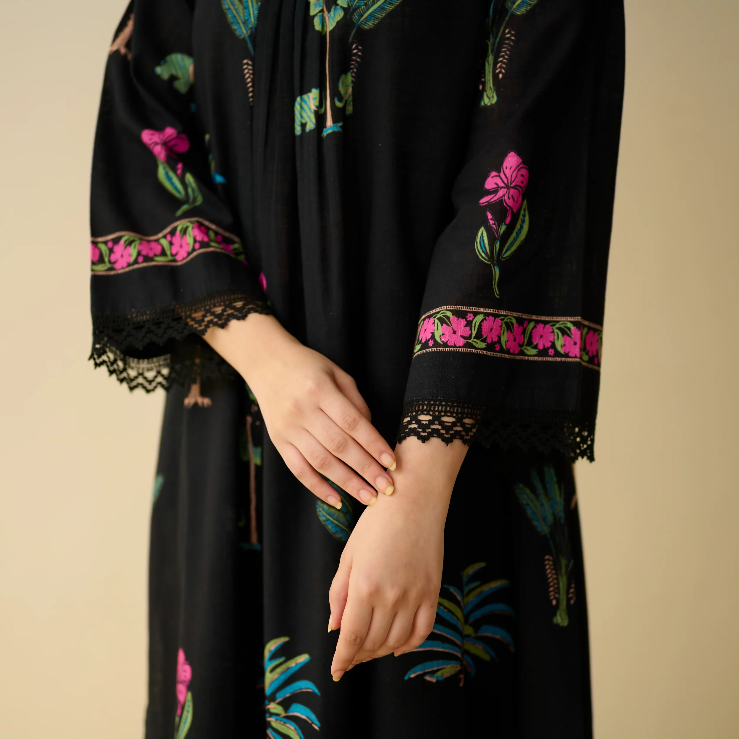 Rani Bagh Fine Slub Cotton Kurta Set - Black - Image 3