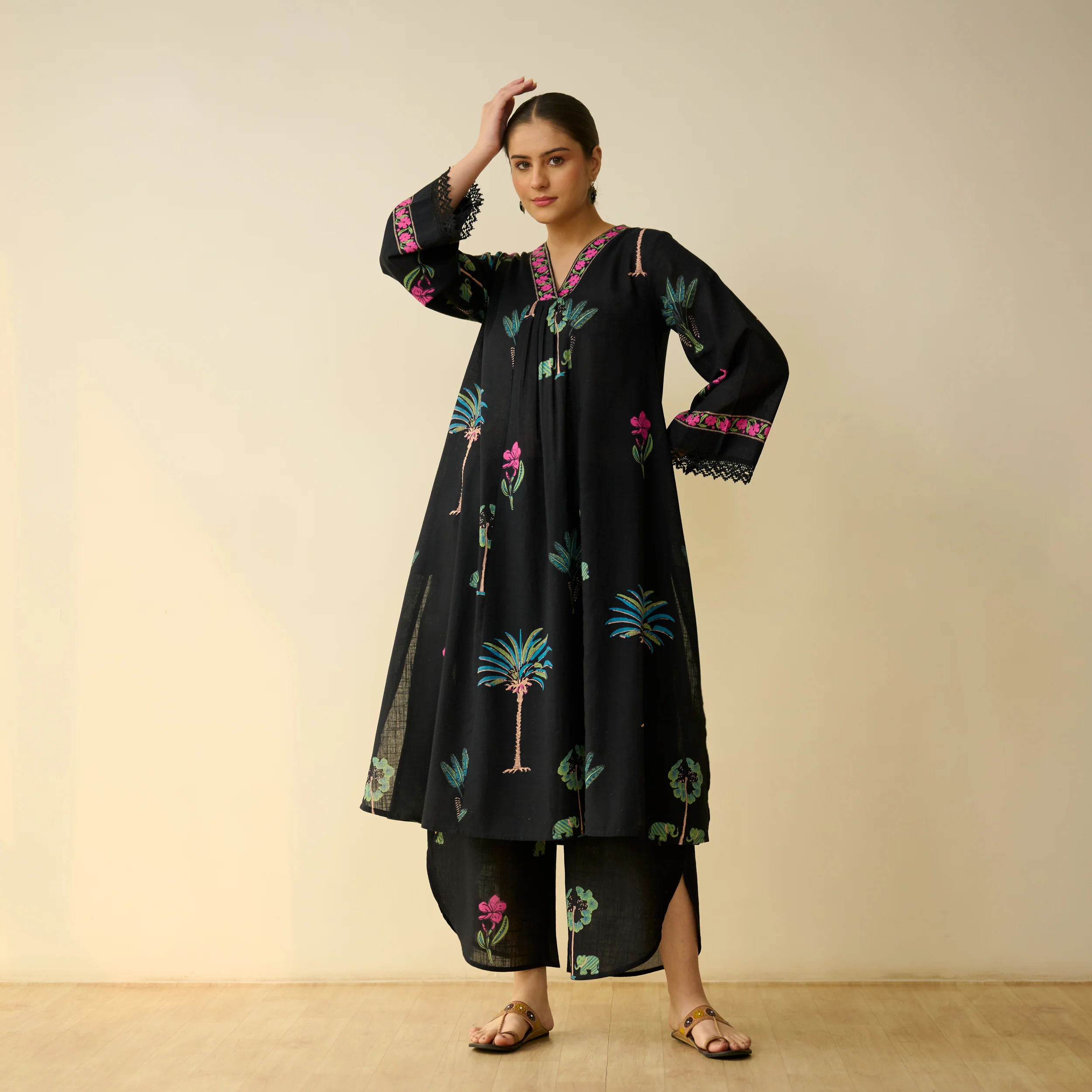 Rani Bagh Fine Slub Cotton Kurta Set - Black - Image 9
