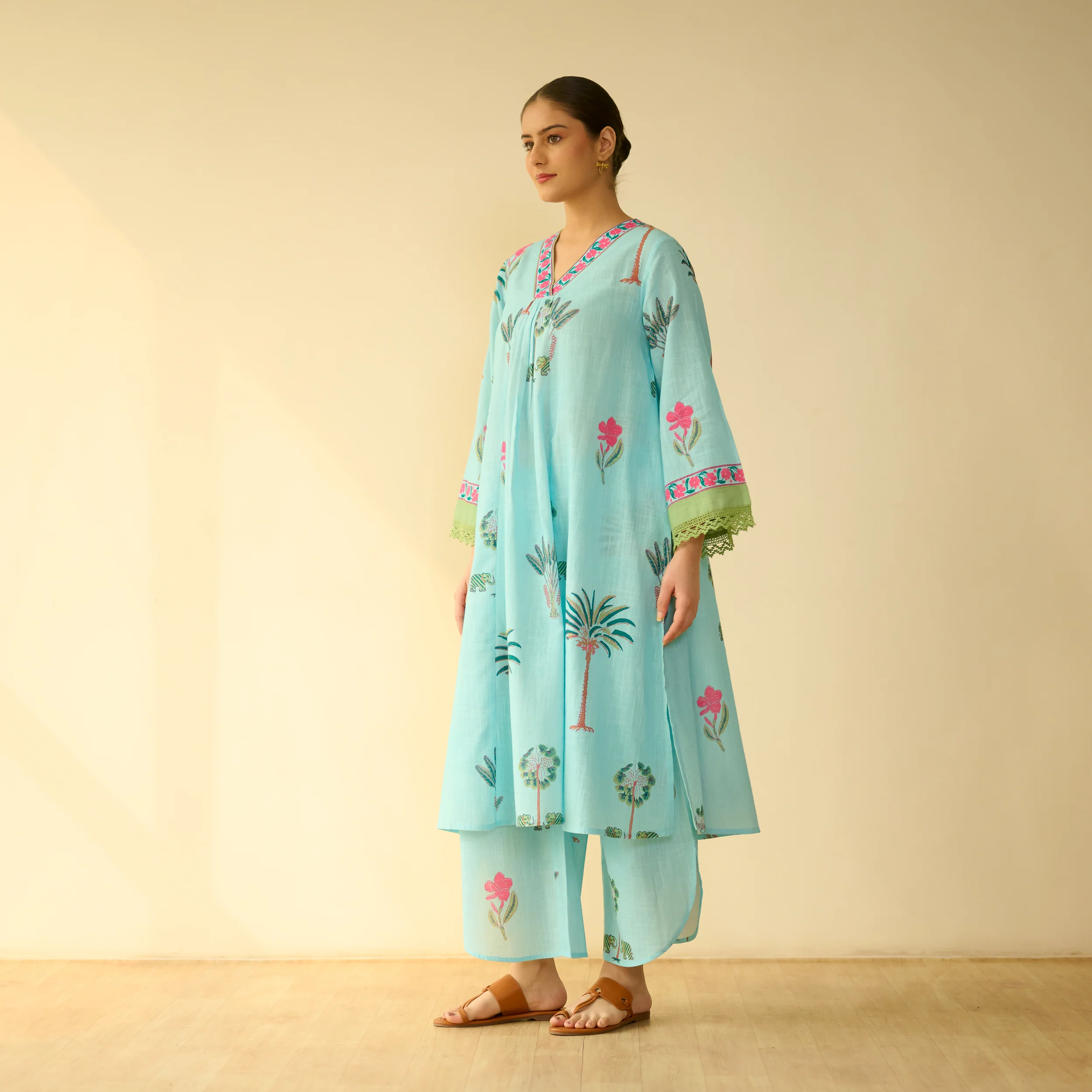 Rani Bagh Fine Slub Cotton Kurta Set - Sky Blue - Image 3