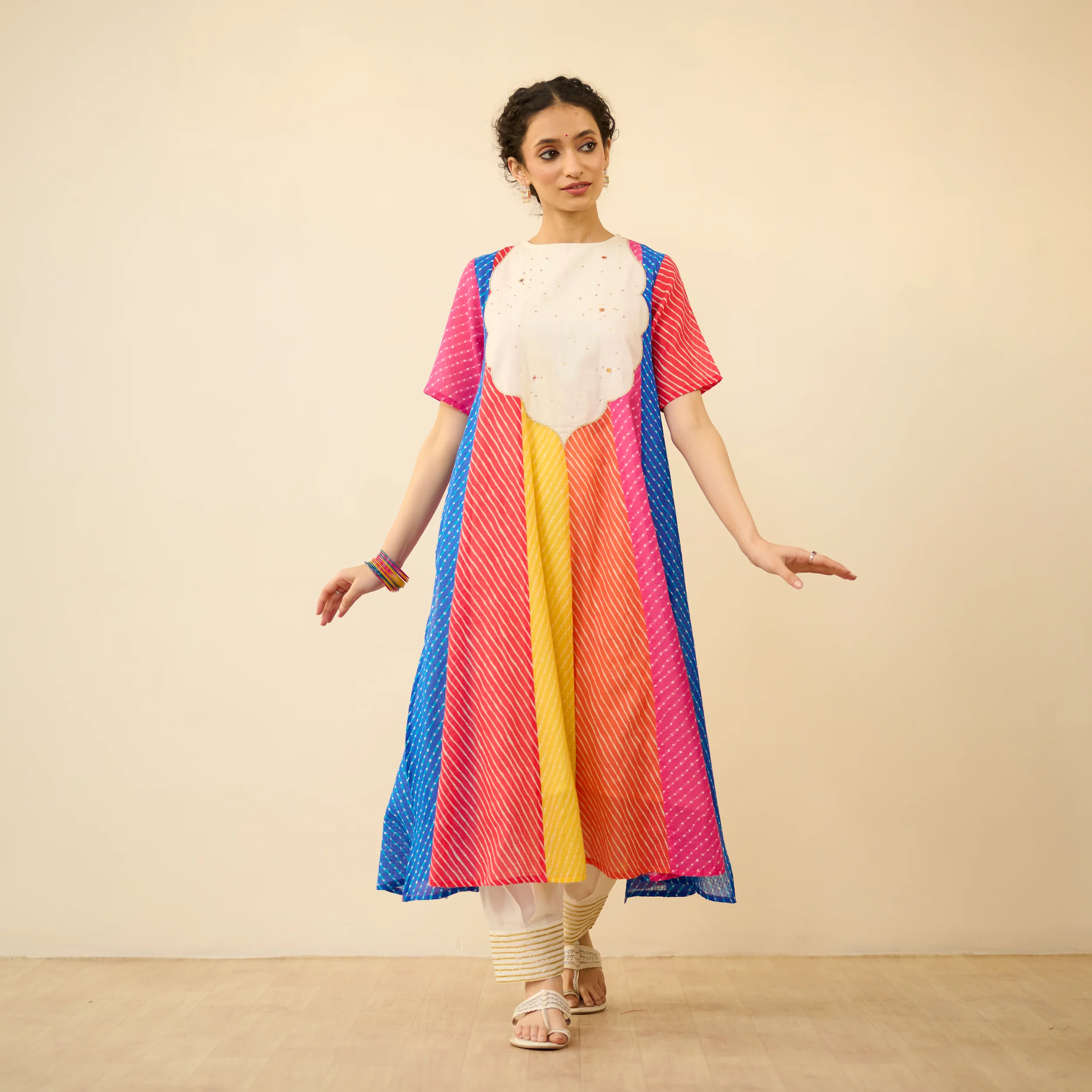 Rani Hand Embroidered Kota Doria Cotton Kurta - Multicolour