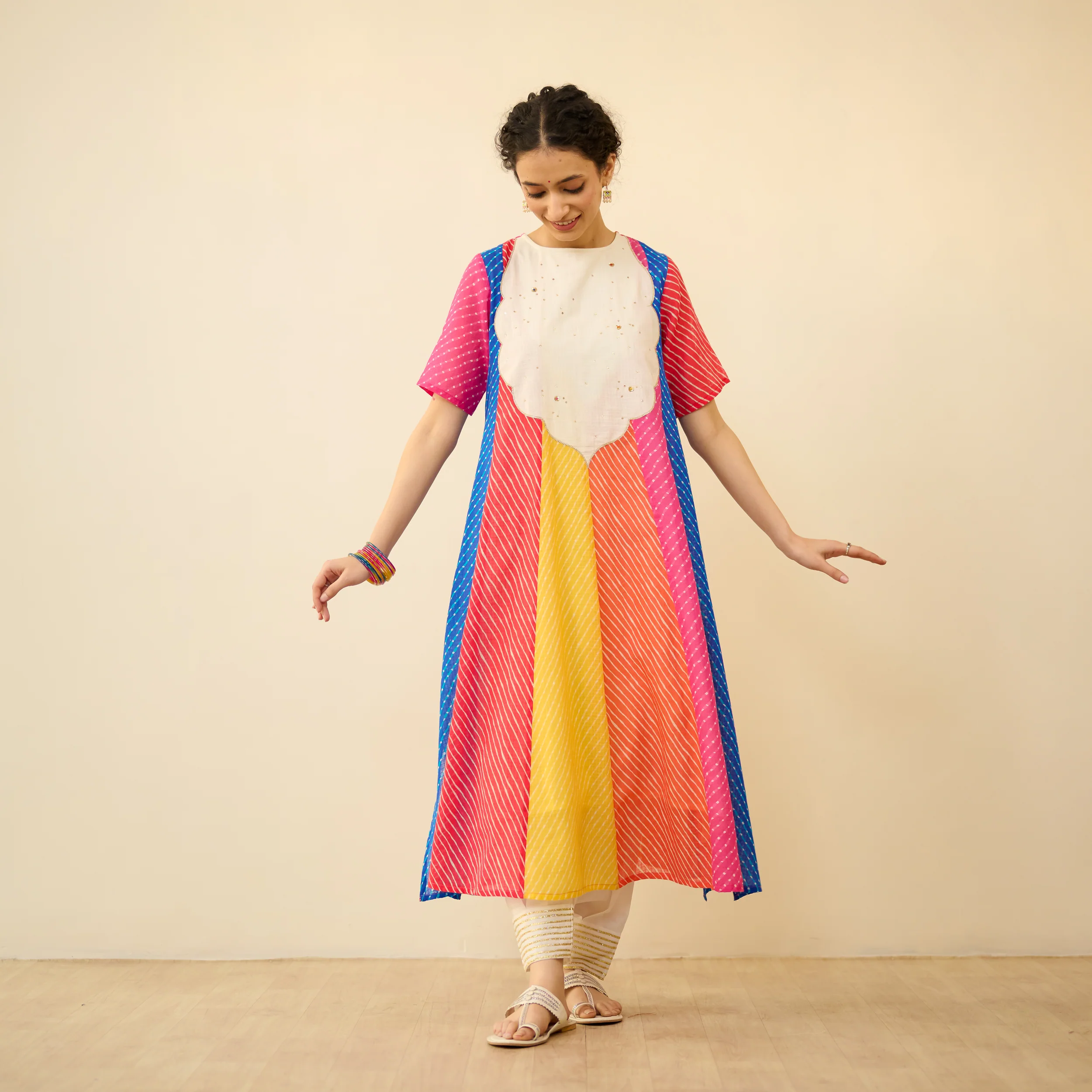 Rani Hand Embroidered Kota Doria Cotton Kurta - Multicolour - Image 5