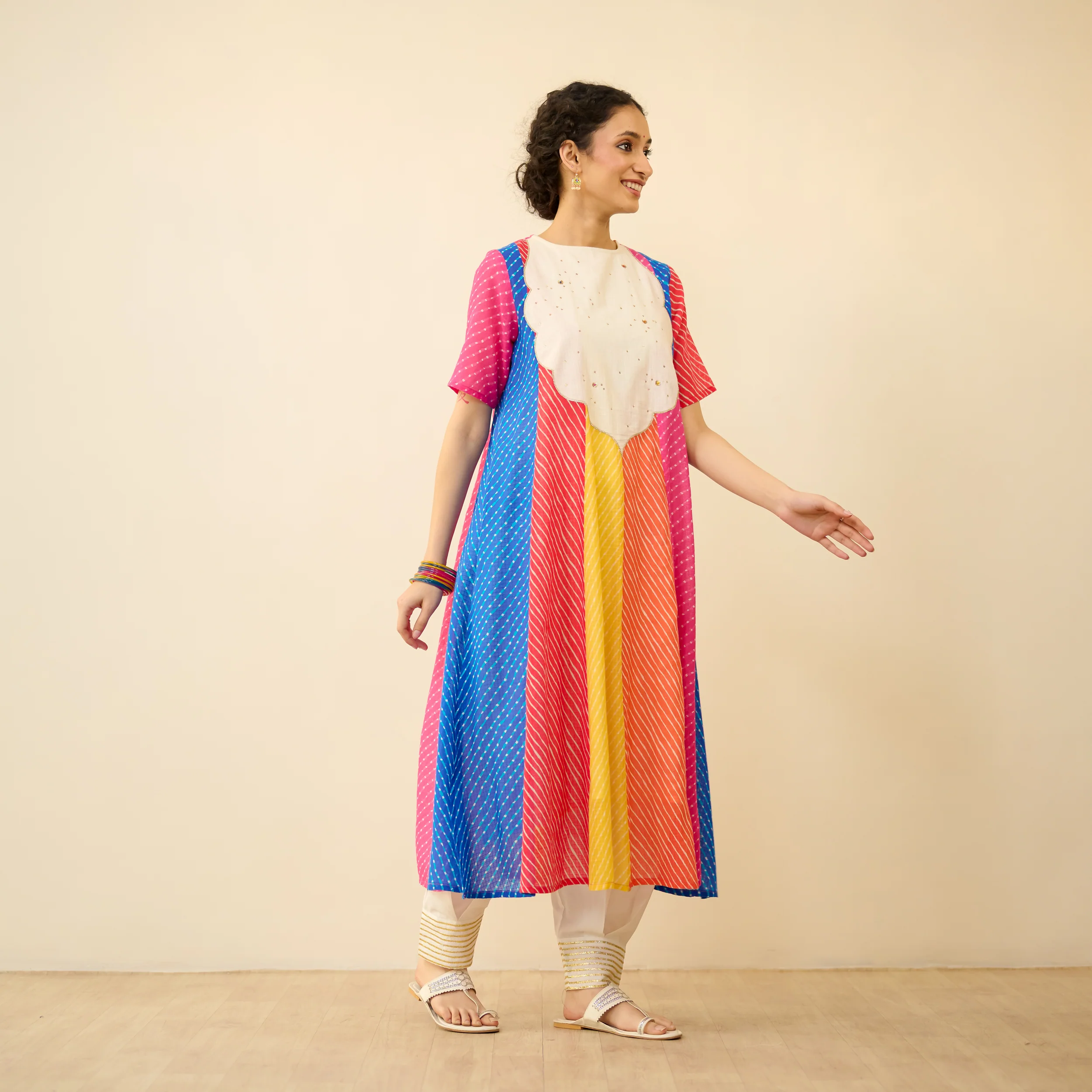 Rani Hand Embroidered Kota Doria Cotton Kurta - Multicolour - Image 8