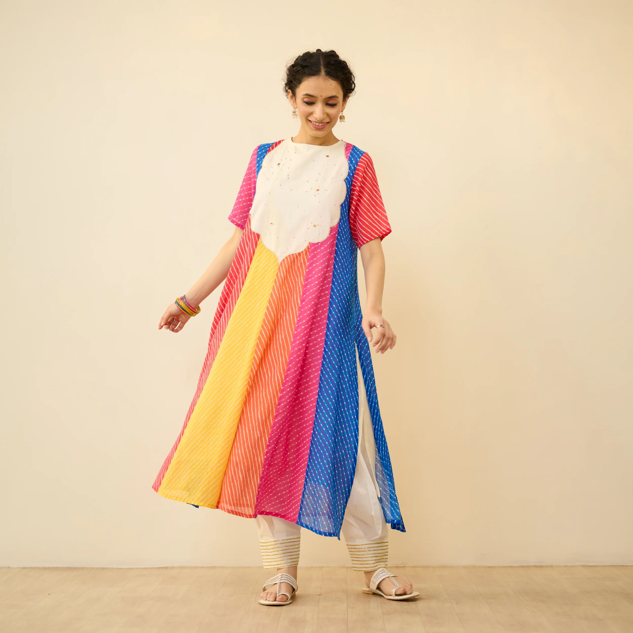 Rani Hand Embroidered Kota Doria Cotton Kurta - Multicolour - Image 9