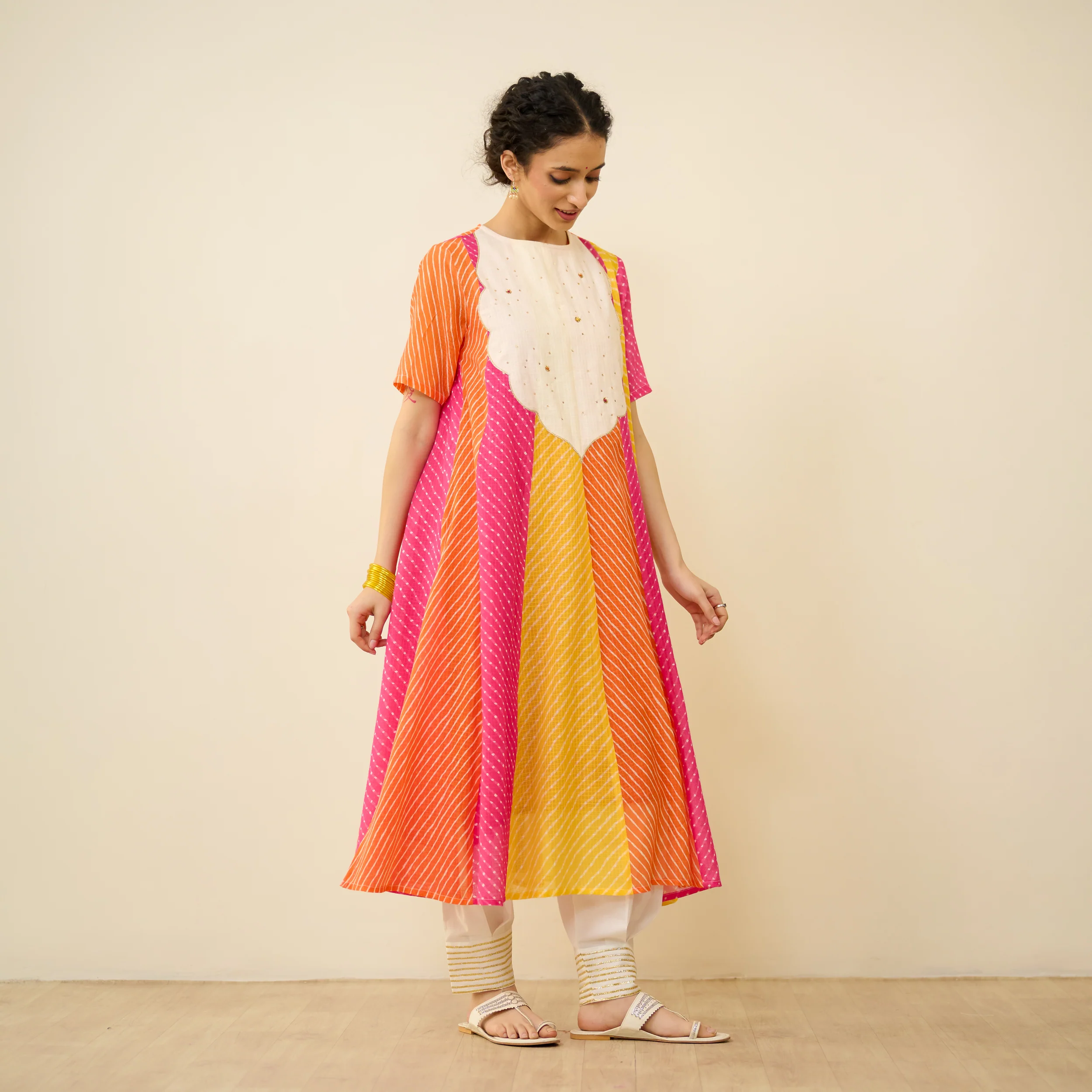 Rani Hand Embroidered Kota Doria Cotton Kurta - Pink, Green & Yellow