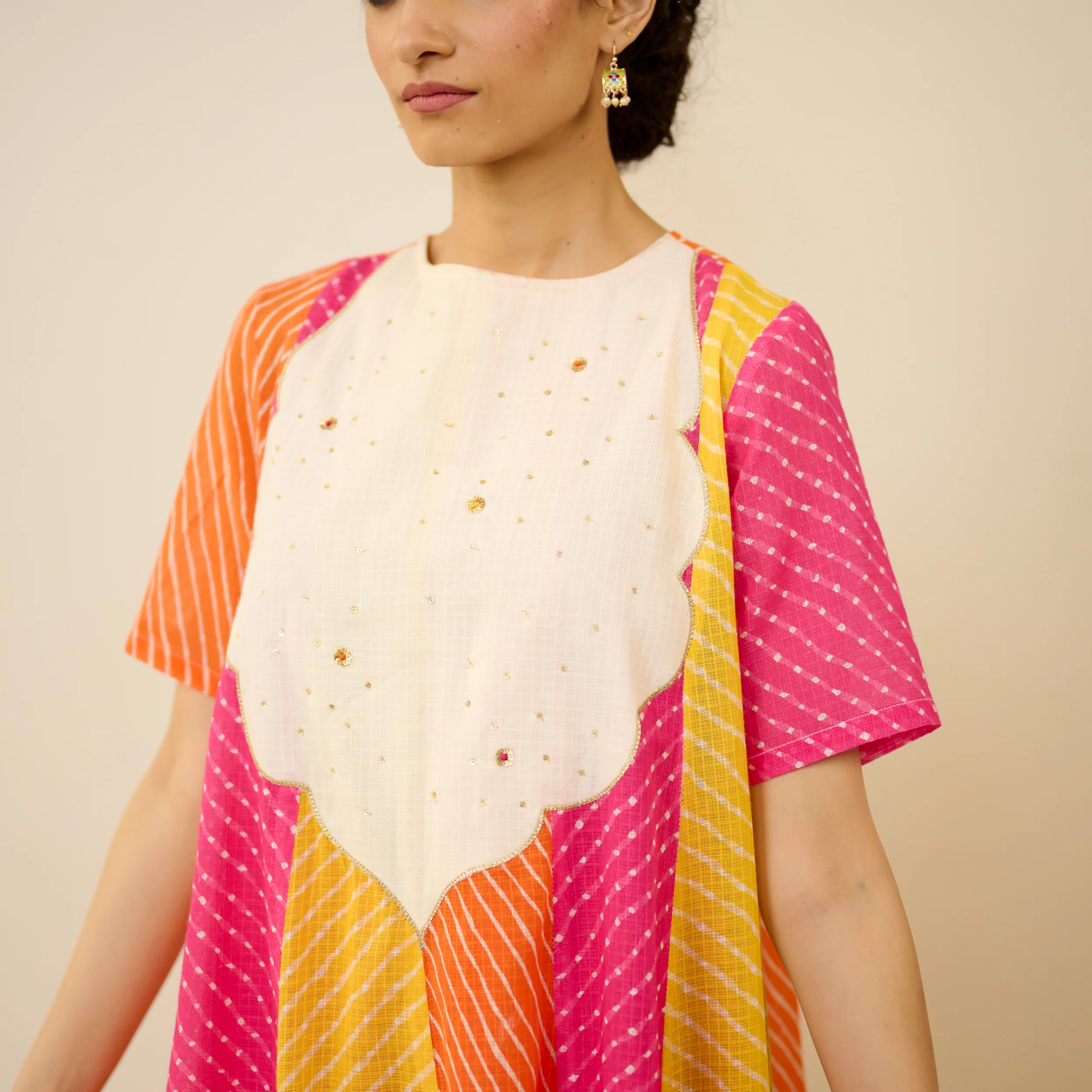 Rani Hand Embroidered Kota Doria Cotton Kurta - Pink, Green & Yellow - Image 2