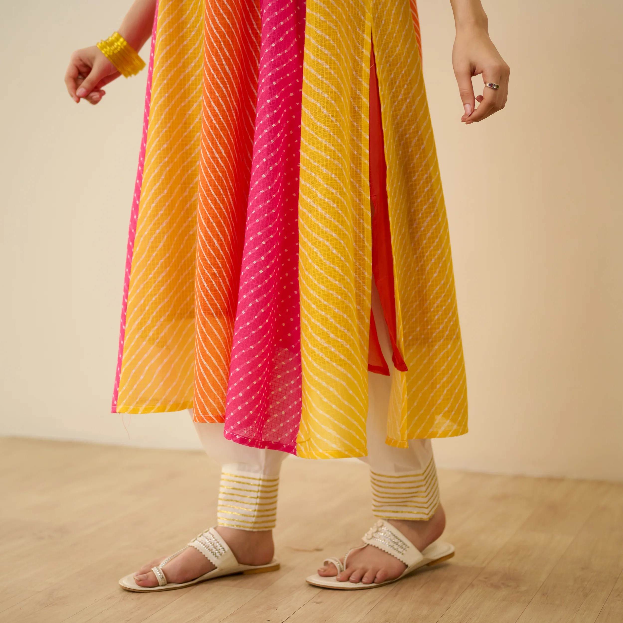 Rani Hand Embroidered Kota Doria Cotton Kurta - Pink, Green & Yellow - Image 3