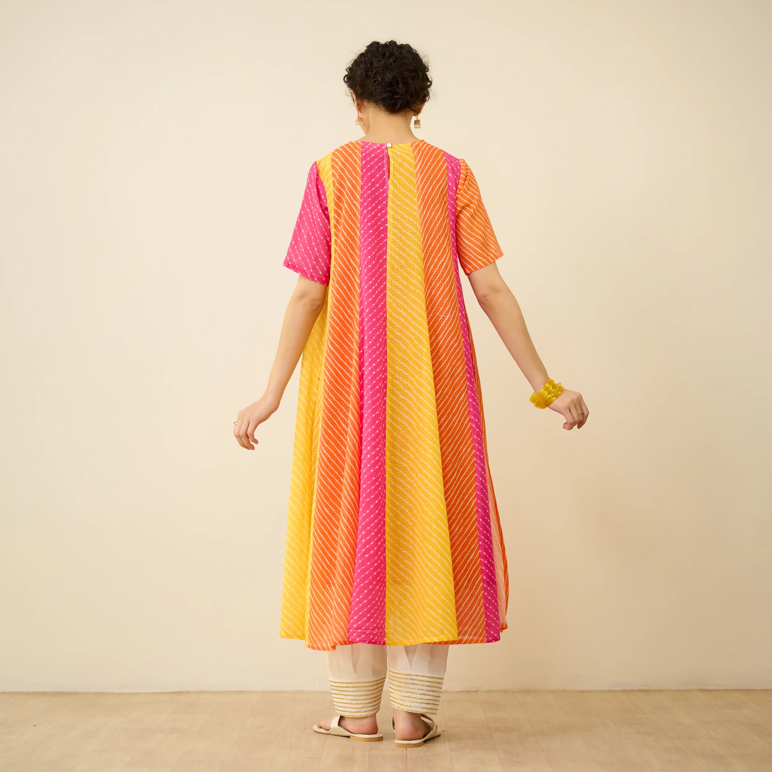Rani Hand Embroidered Kota Doria Cotton Kurta - Pink, Green & Yellow - Image 4