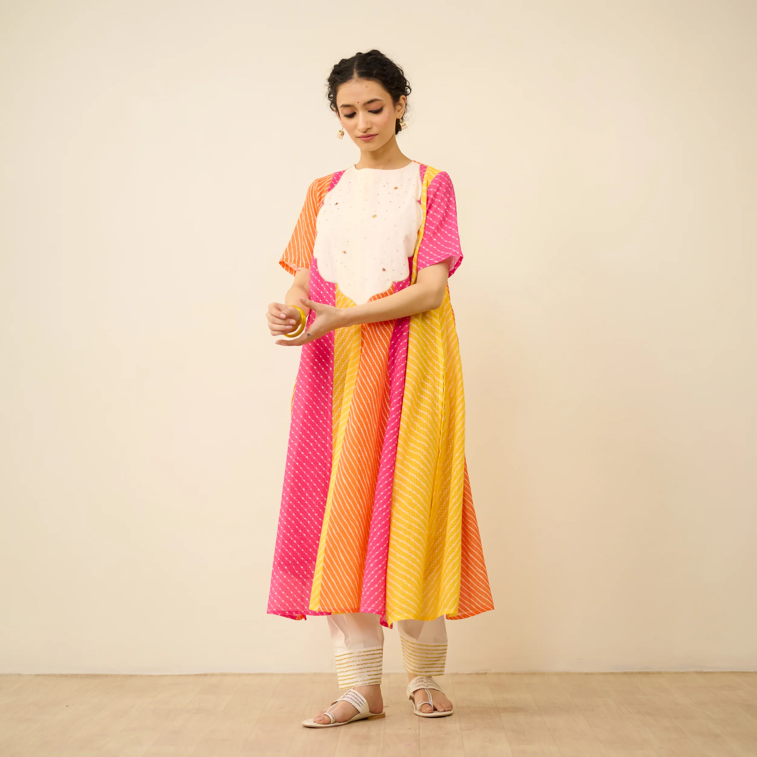 Rani Hand Embroidered Kota Doria Cotton Kurta - Pink, Green & Yellow - Image 5