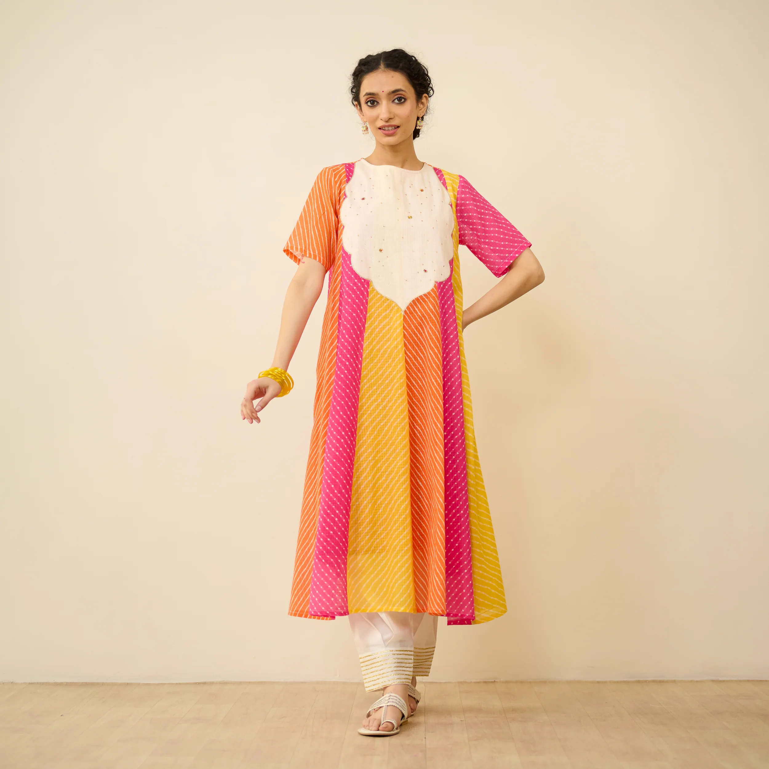 Rani Hand Embroidered Kota Doria Cotton Kurta - Pink, Green & Yellow - Image 6