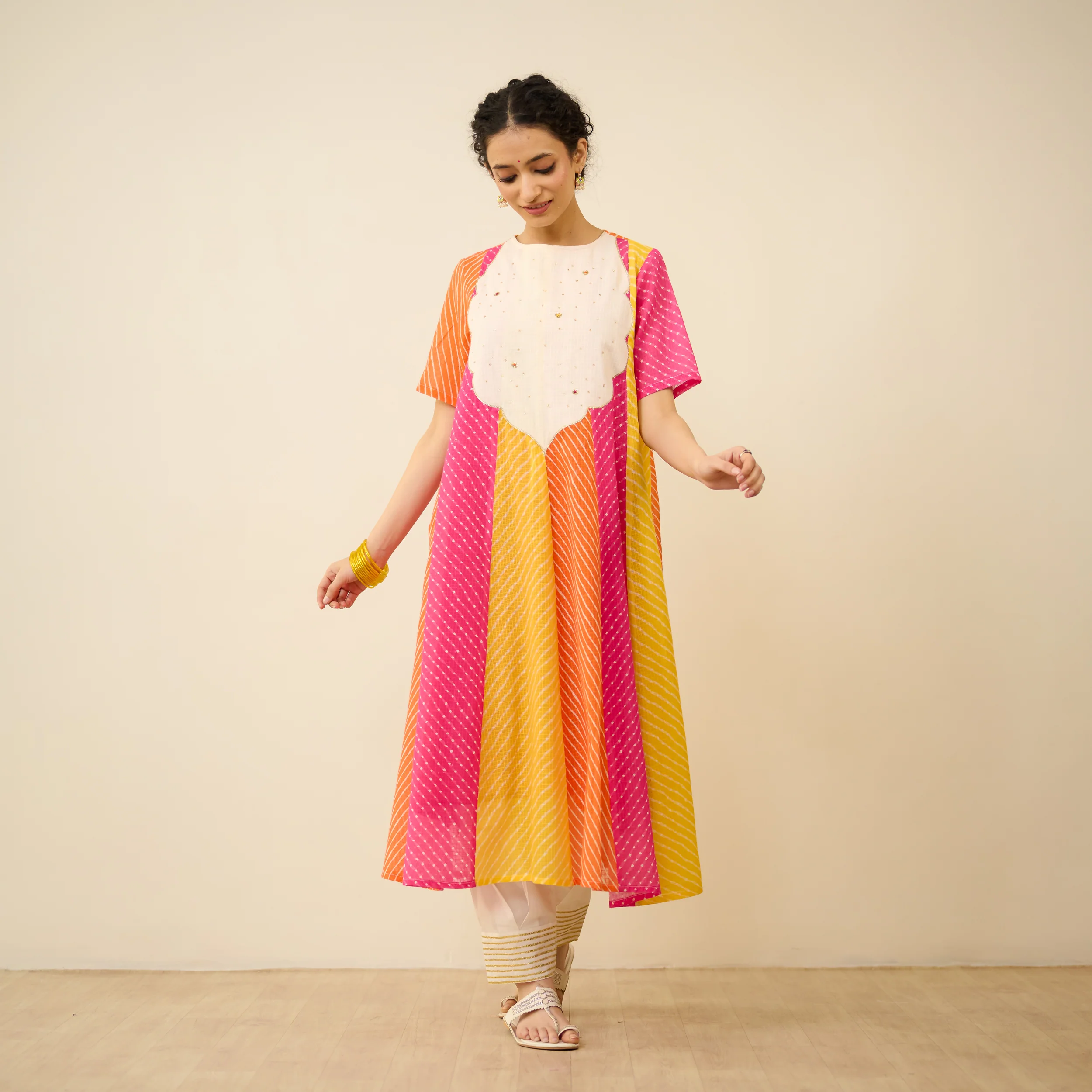 Rani Hand Embroidered Kota Doria Cotton Kurta - Pink, Green & Yellow - Image 7
