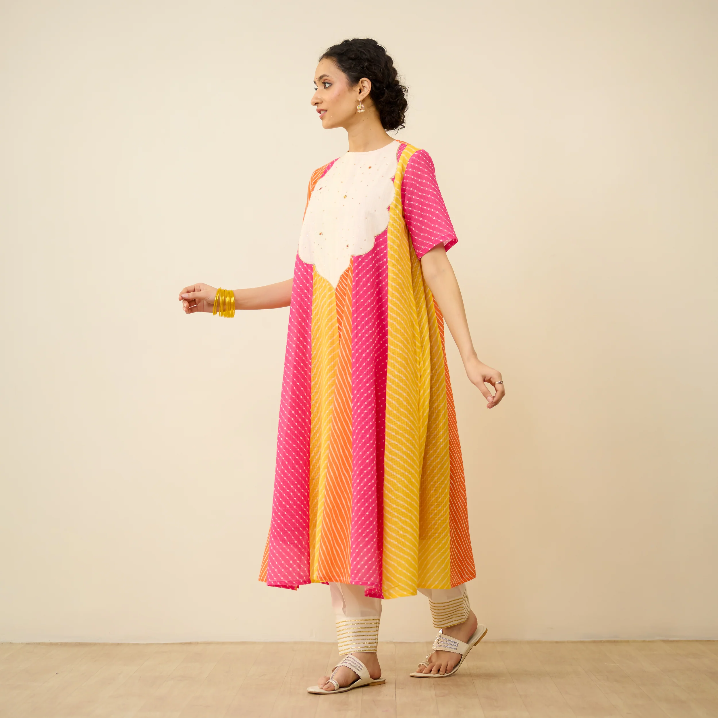 Rani Hand Embroidered Kota Doria Cotton Kurta - Pink, Green & Yellow - Image 8