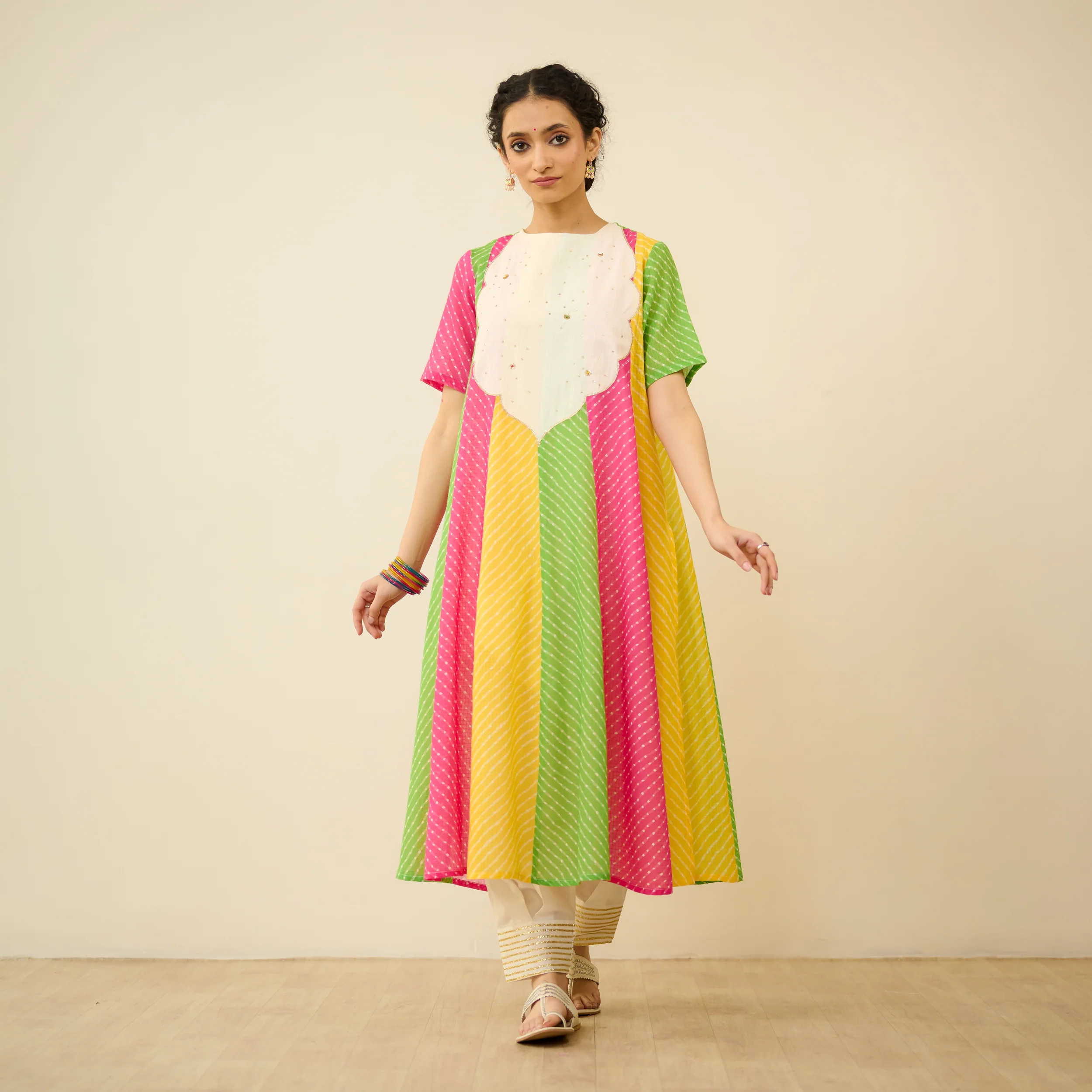 Rani Hand Embroidered Kota Doria Cotton Kurta - Pink, Orange & Yellow