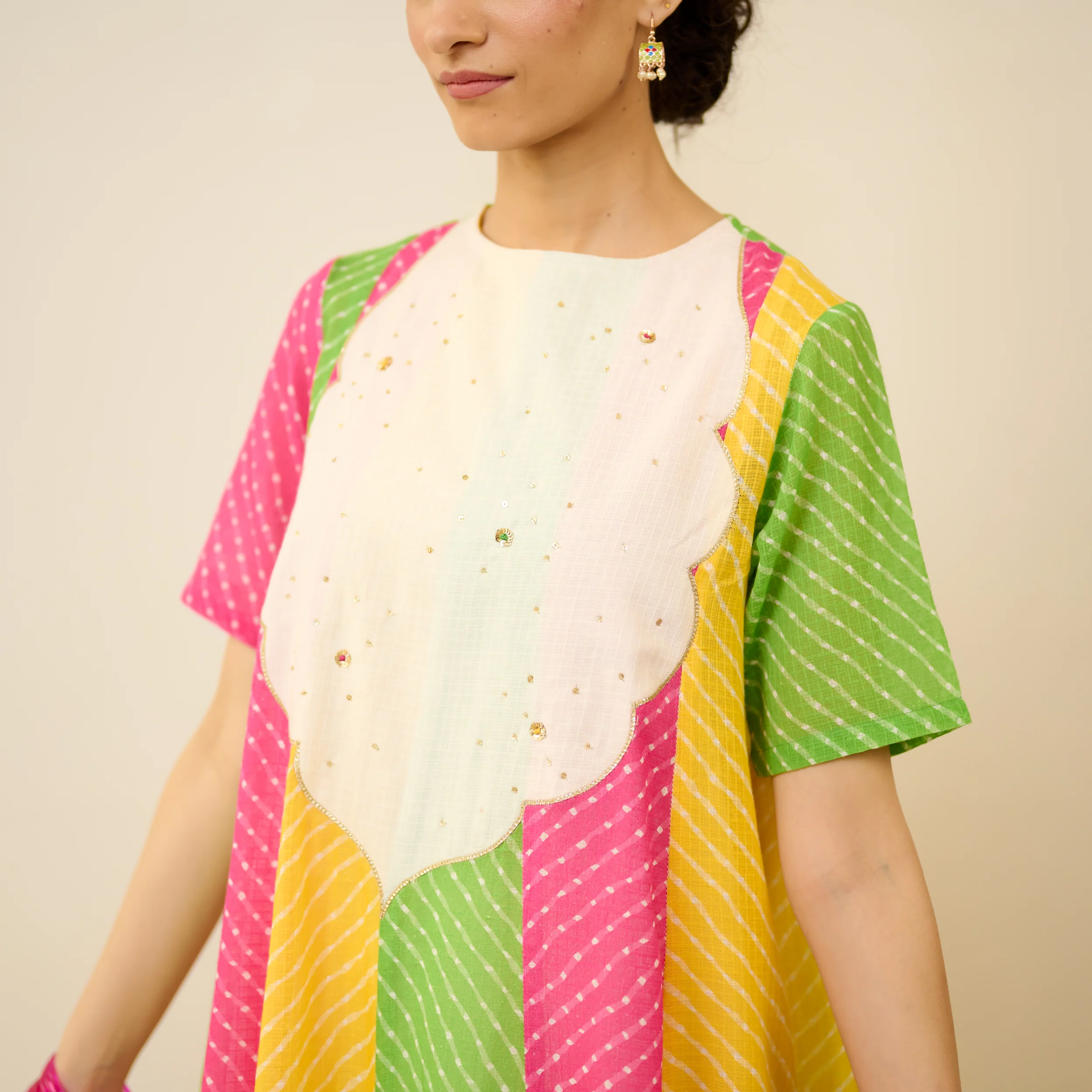 Rani Hand Embroidered Kota Doria Cotton Kurta - Pink, Orange & Yellow - Image 2