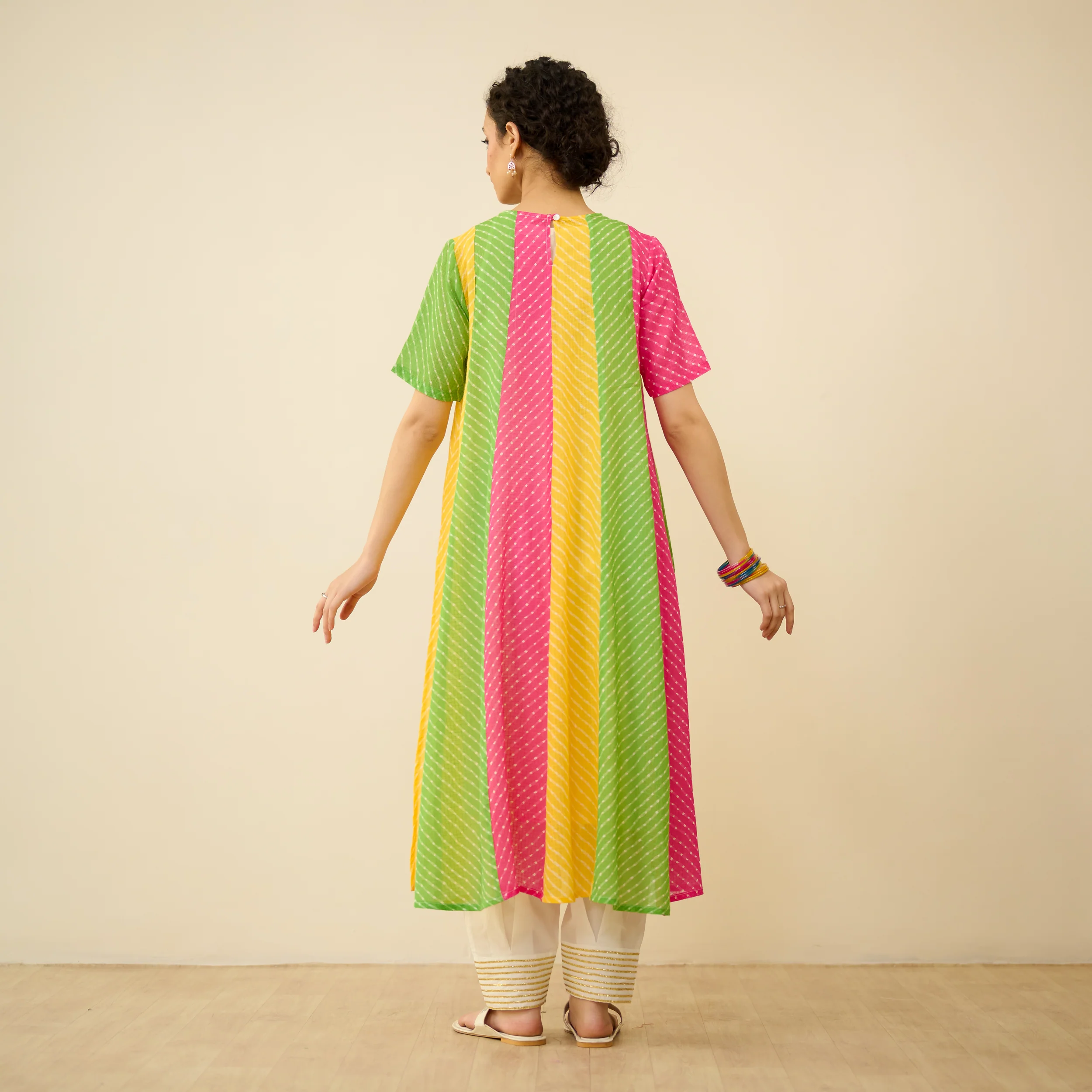 Rani Hand Embroidered Kota Doria Cotton Kurta - Pink, Orange & Yellow - Image 6