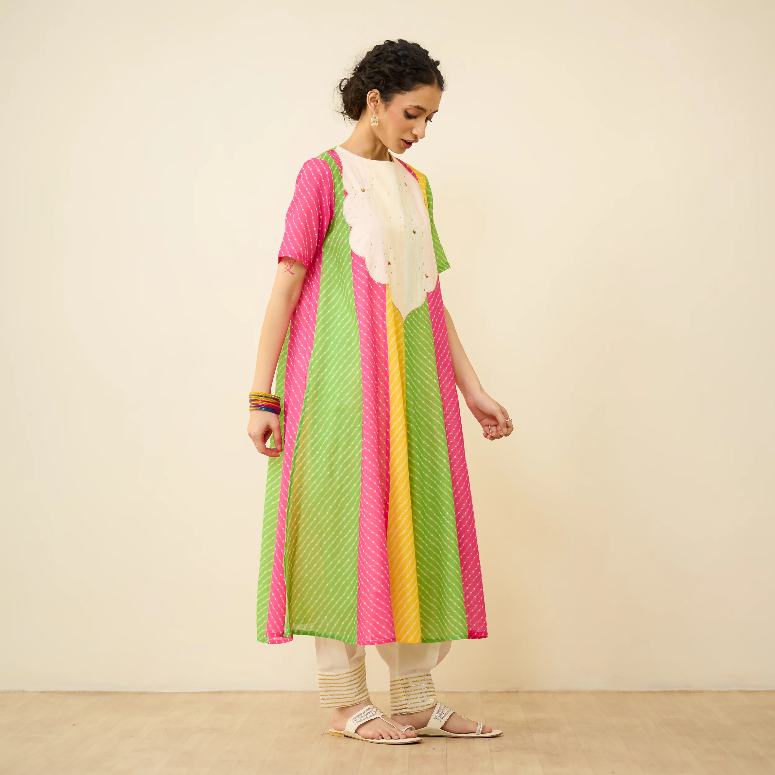 Rani Hand Embroidered Kota Doria Cotton Kurta - Pink, Orange & Yellow - Image 8