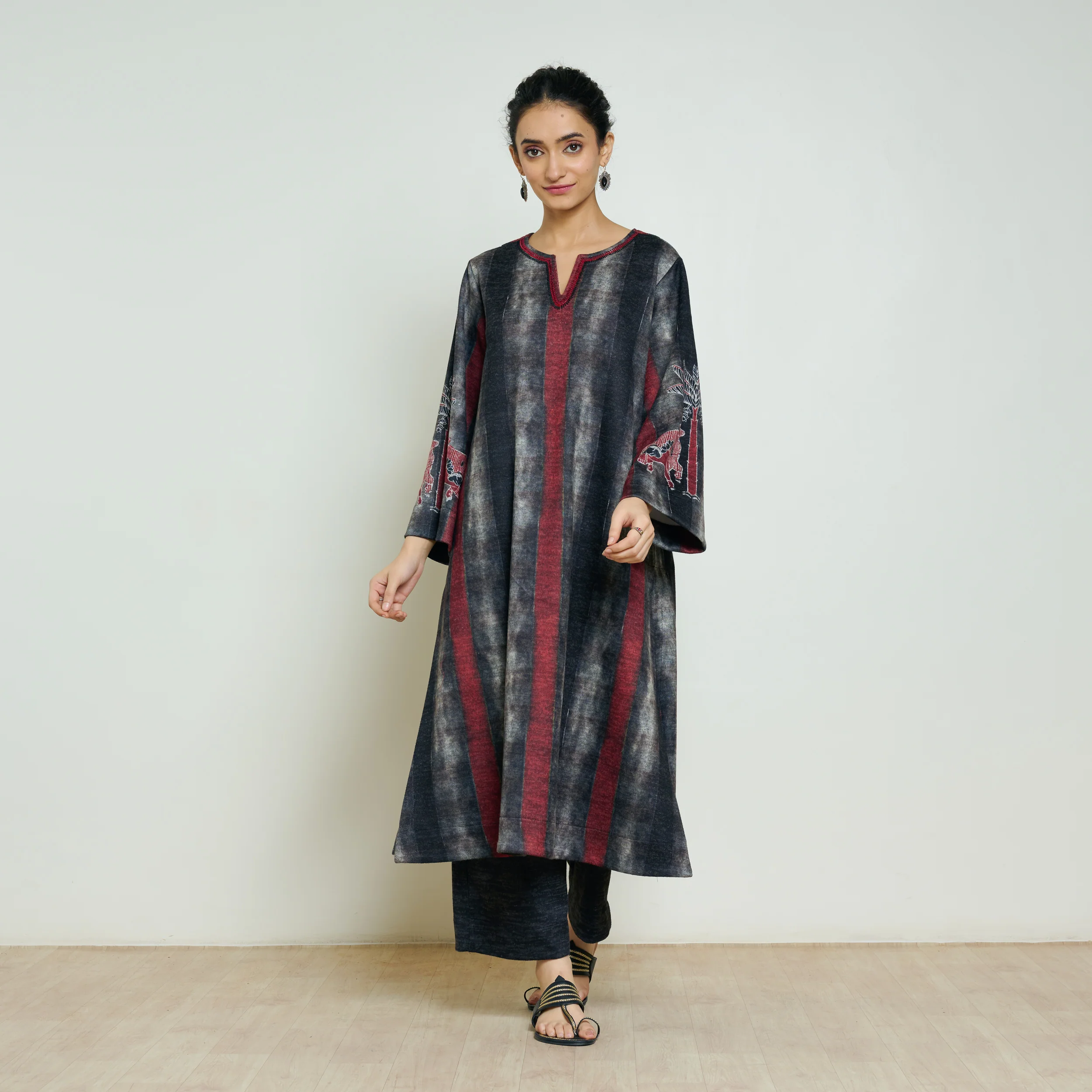 Rayforest Hand Embroidered Woollen Kurta - Charcoal - Image 10