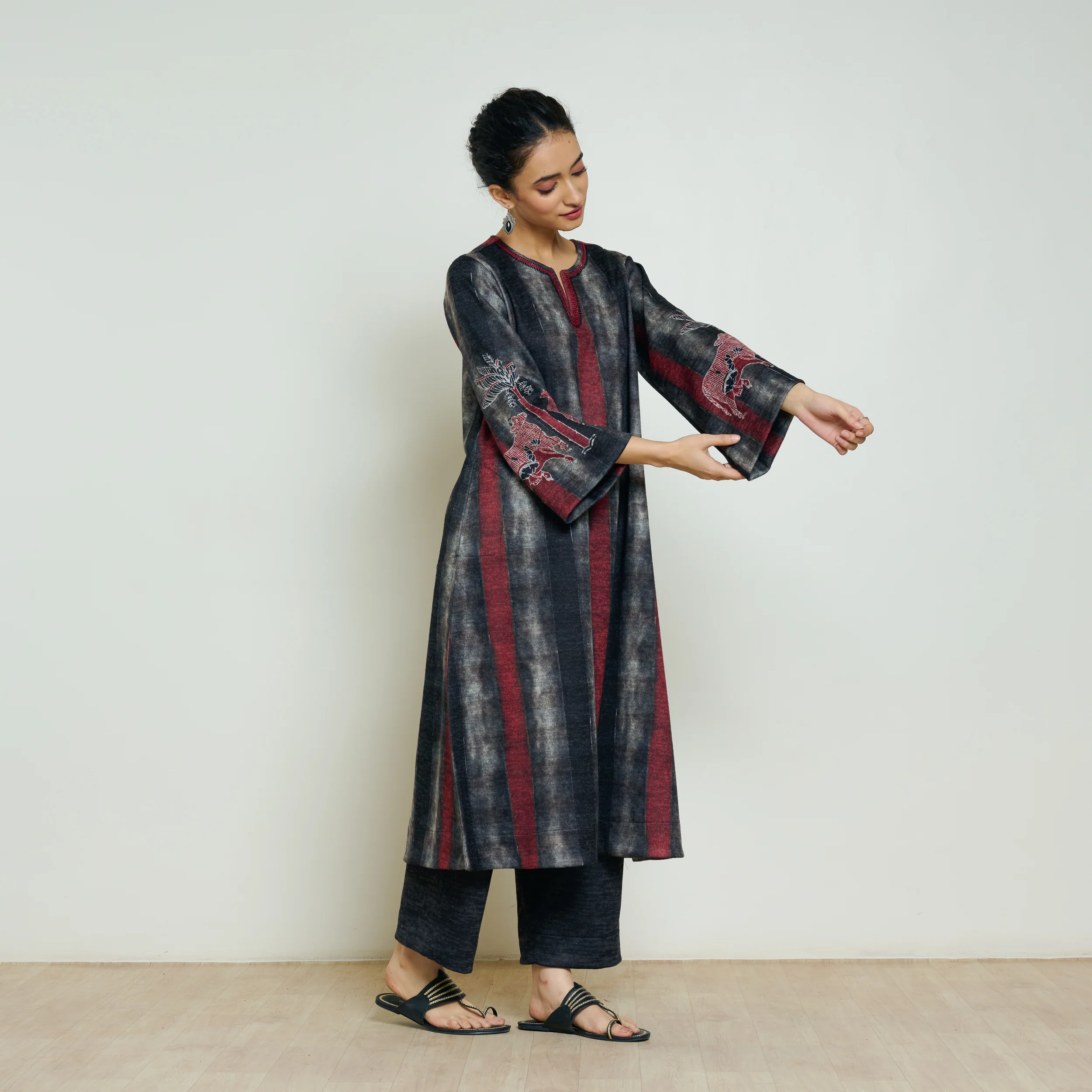 Rayforest Hand Embroidered Woollen Kurta - Charcoal - Image 11