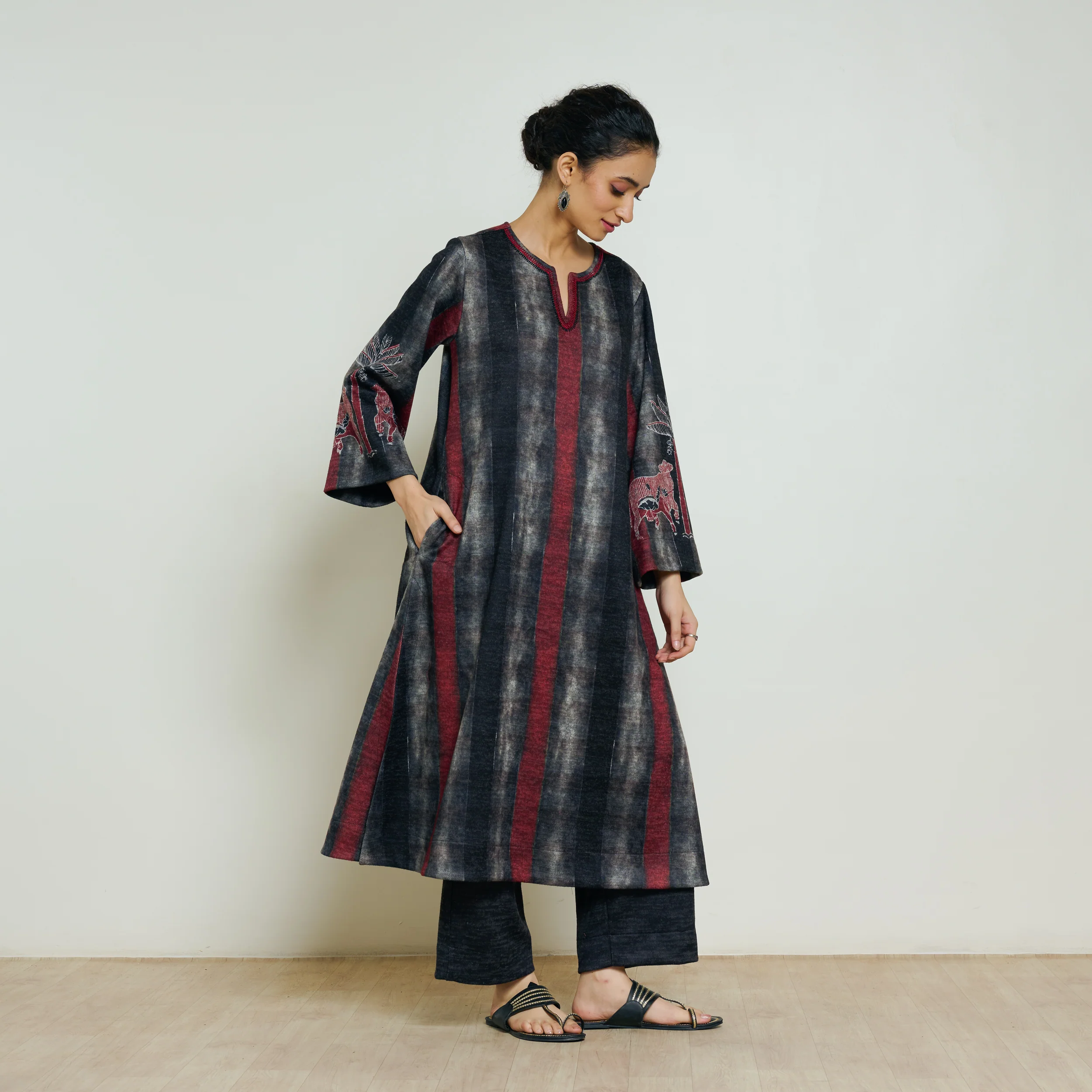 Rayforest Hand Embroidered Woollen Kurta - Charcoal - Image 3
