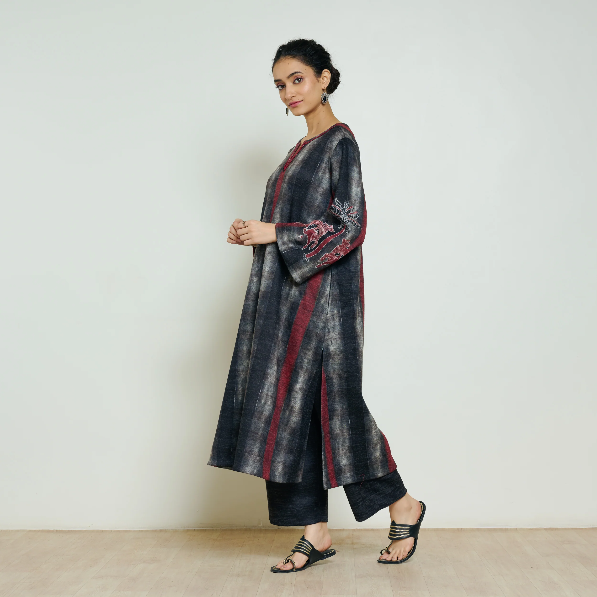 Rayforest Hand Embroidered Woollen Kurta - Charcoal - Image 4