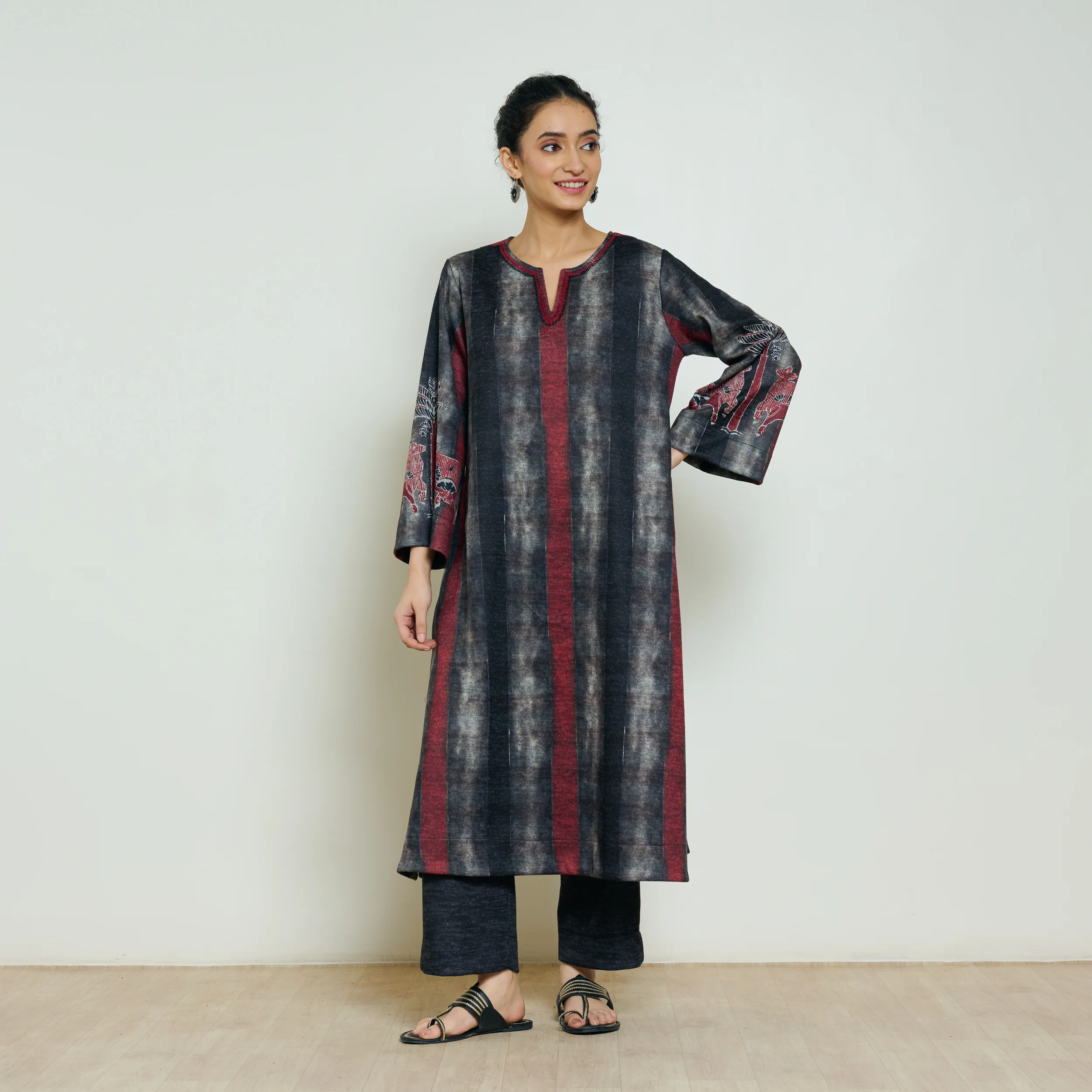 Rayforest Hand Embroidered Woollen Kurta - Charcoal - Image 8