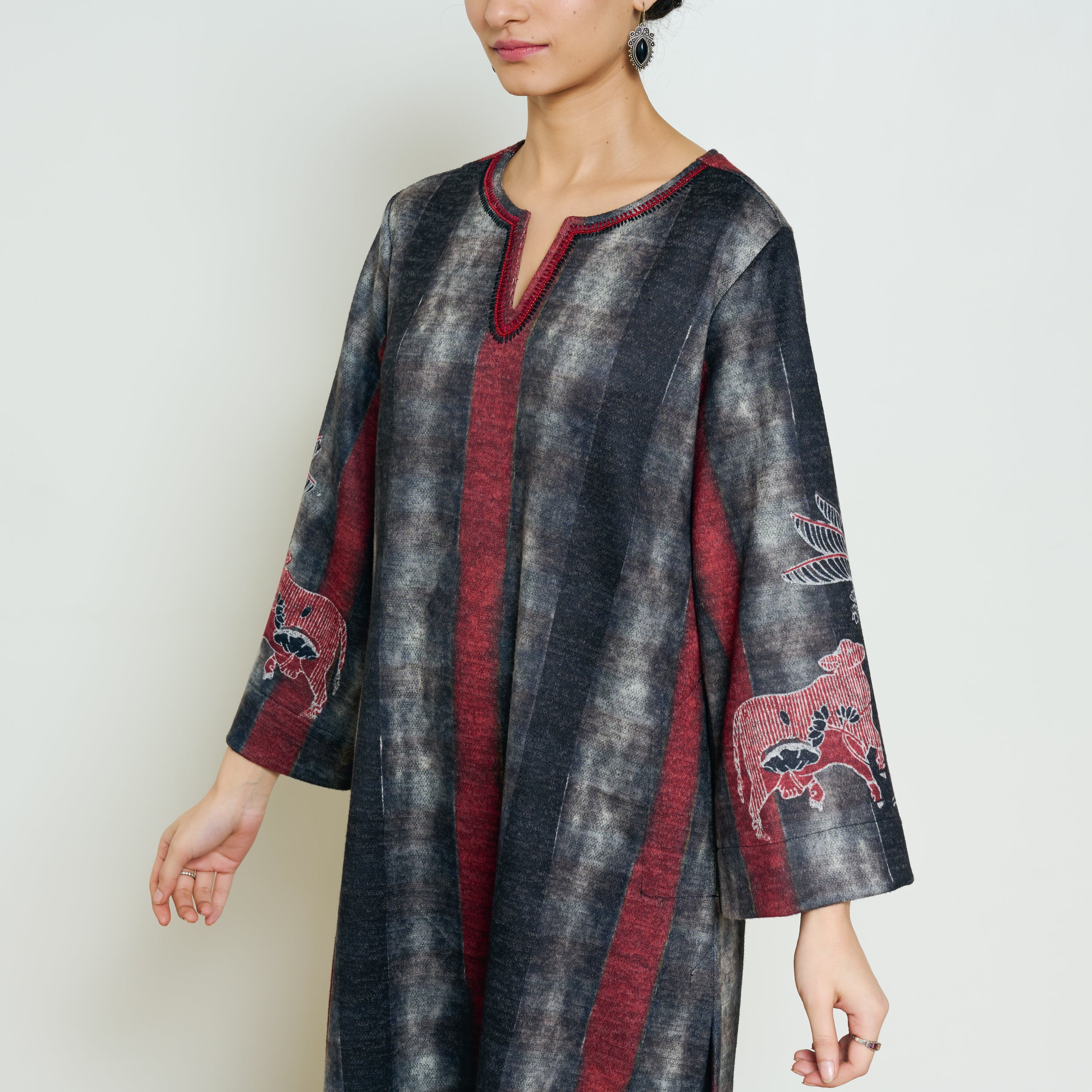Rayforest Hand Embroidered Woollen Kurta - Charcoal - Image 9