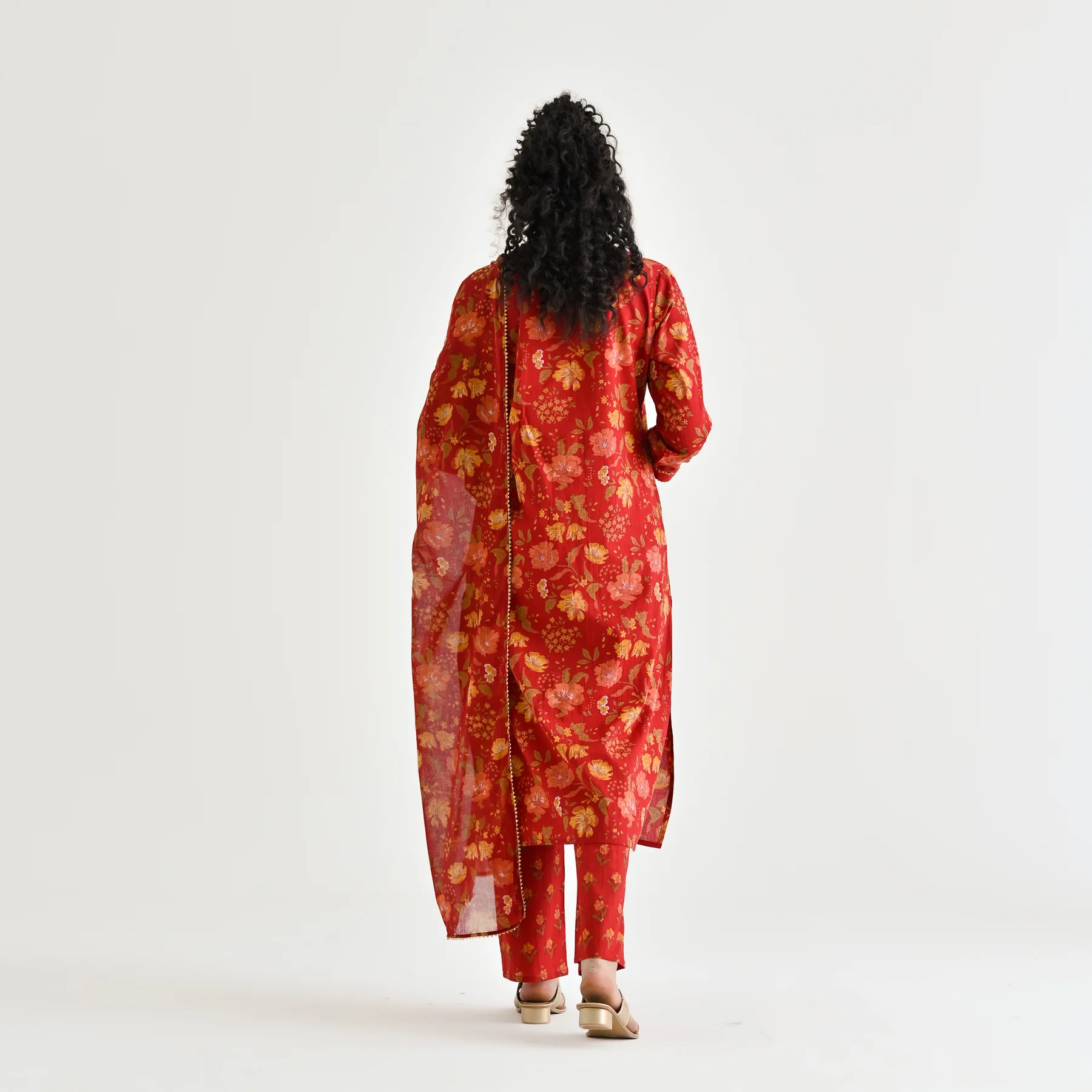 Red Floral Printed Cotton Kurta Pant Dupatta Set with Sequin Embroidered Neckline - Image 10