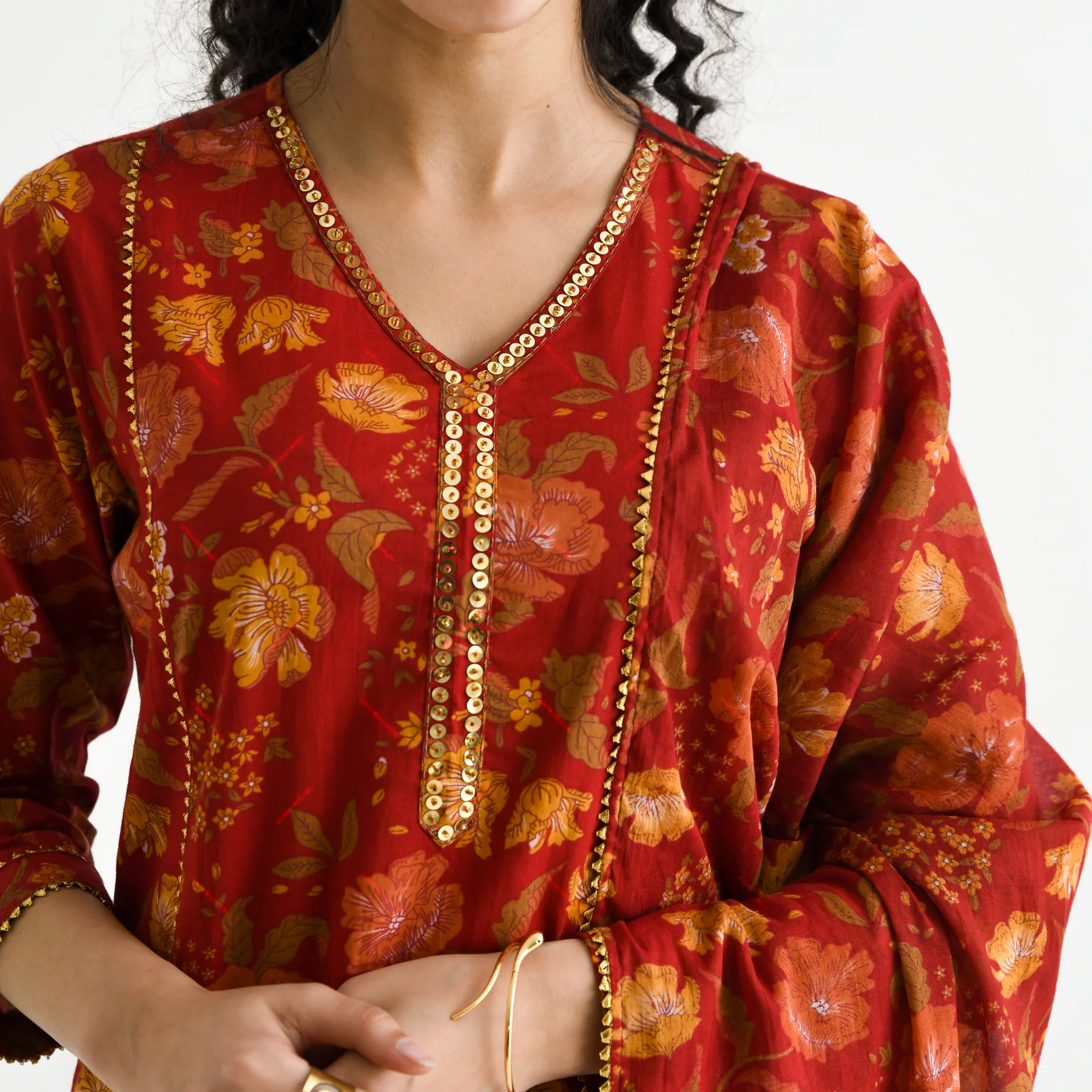 Red Floral Printed Cotton Kurta Pant Dupatta Set with Sequin Embroidered Neckline - Image 2