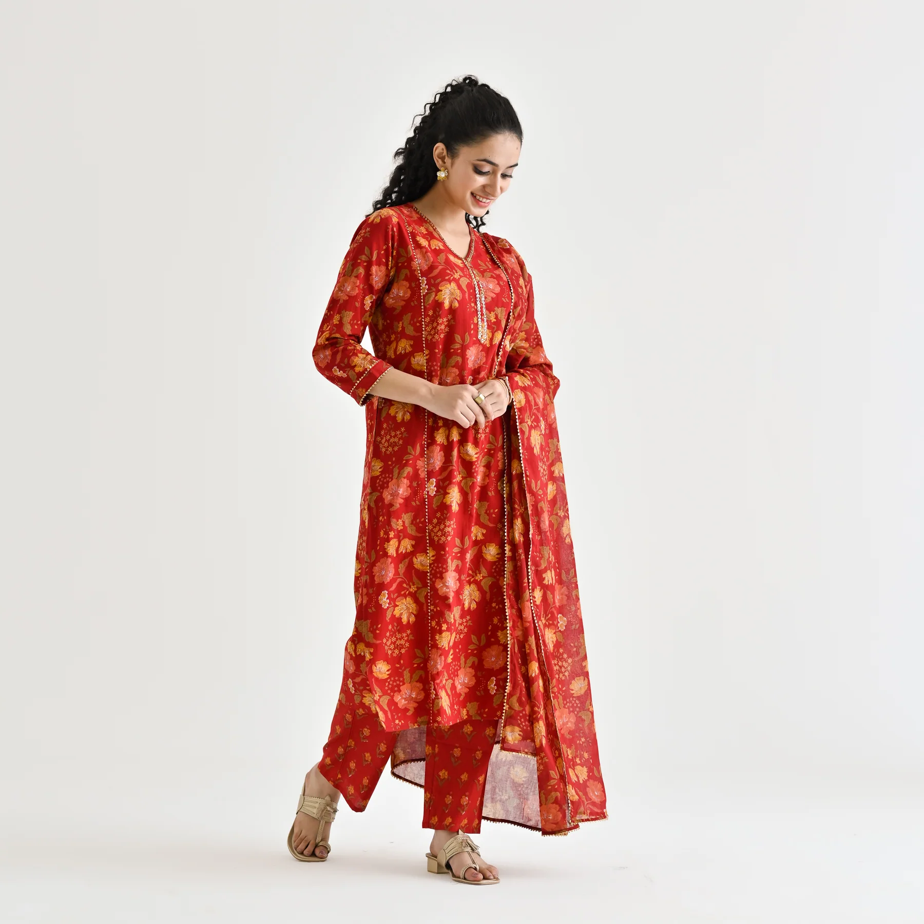 Red Floral Printed Cotton Kurta Pant Dupatta Set with Sequin Embroidered Neckline - Image 3