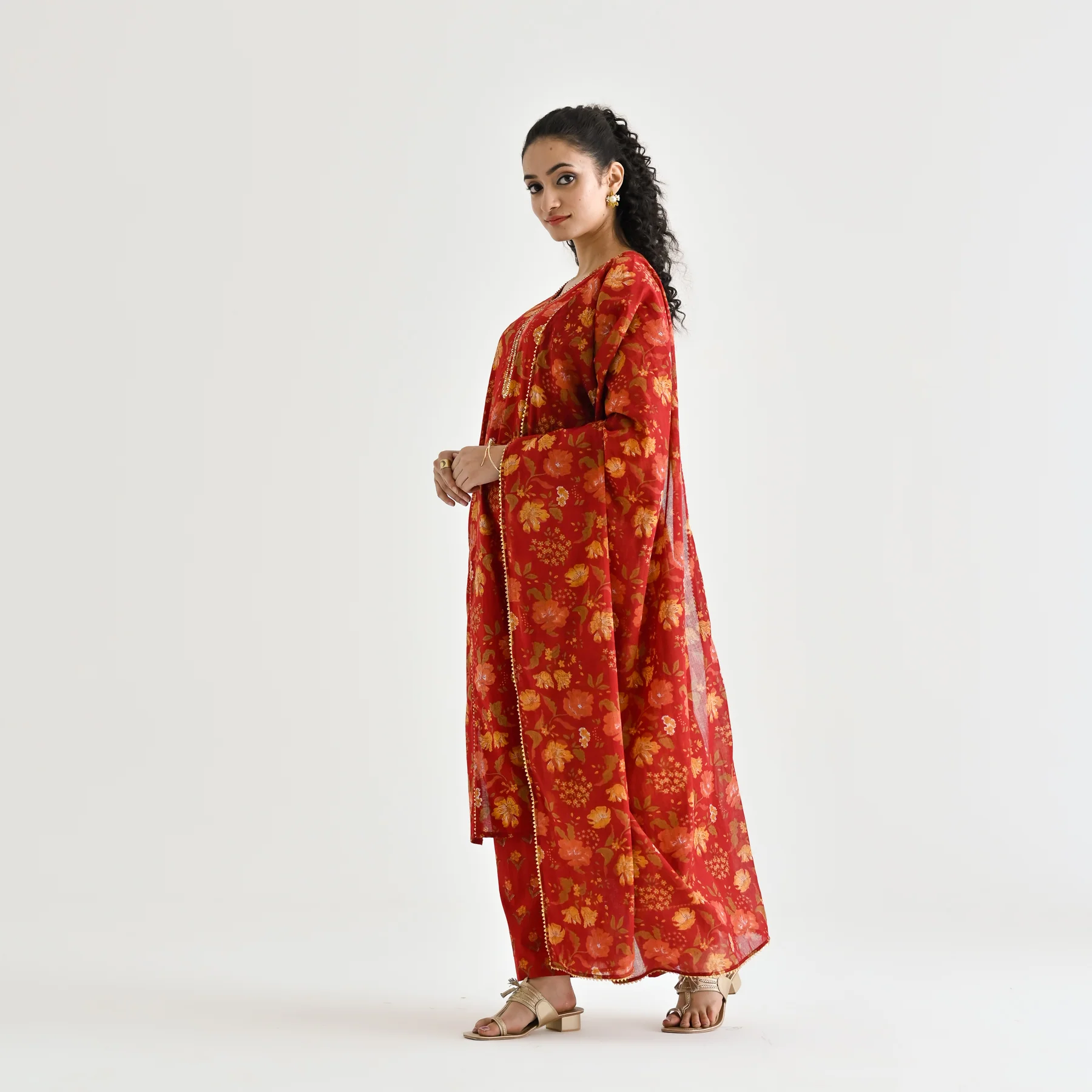 Red Floral Printed Cotton Kurta Pant Dupatta Set with Sequin Embroidered Neckline - Image 4