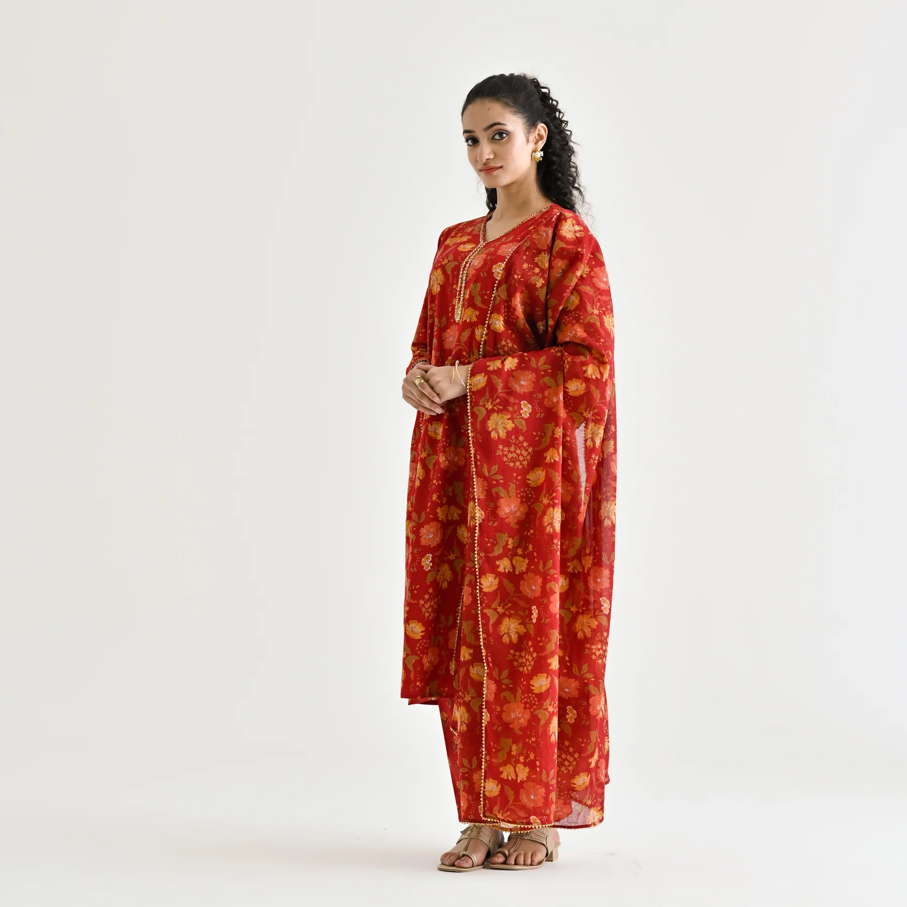 Red Floral Printed Cotton Kurta Pant Dupatta Set with Sequin Embroidered Neckline - Image 5