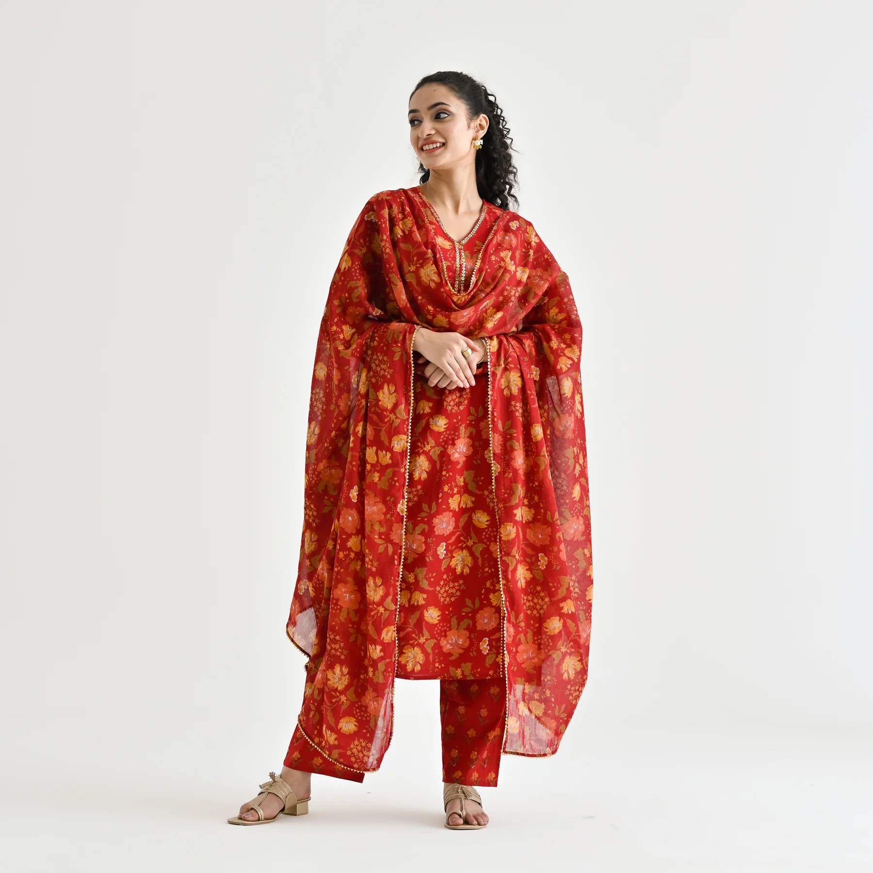 Red Floral Printed Cotton Kurta Pant Dupatta Set with Sequin Embroidered Neckline - Image 6